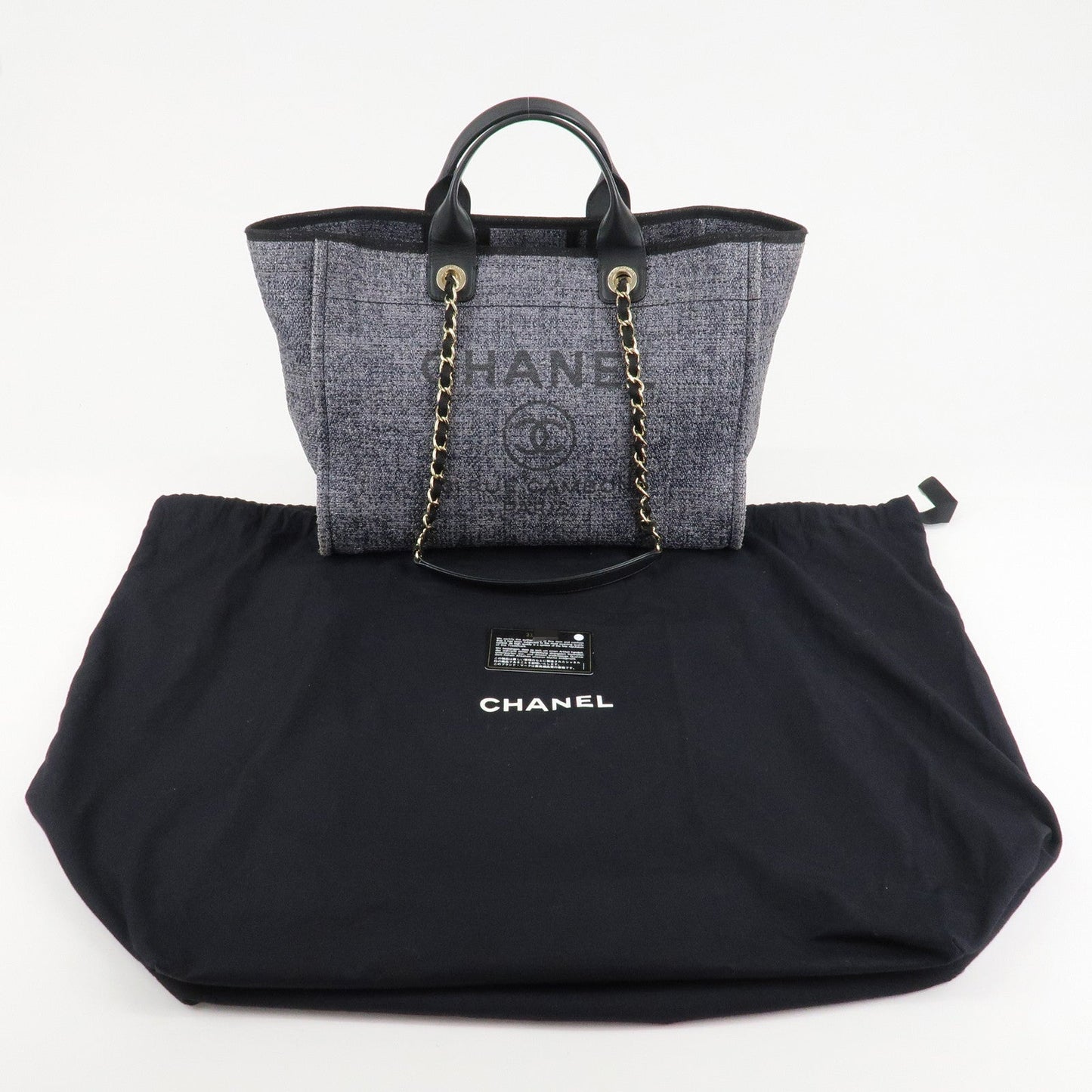 CHANEL Deauville Raffia Leather Chain Tote Bag GM A66941 Navy