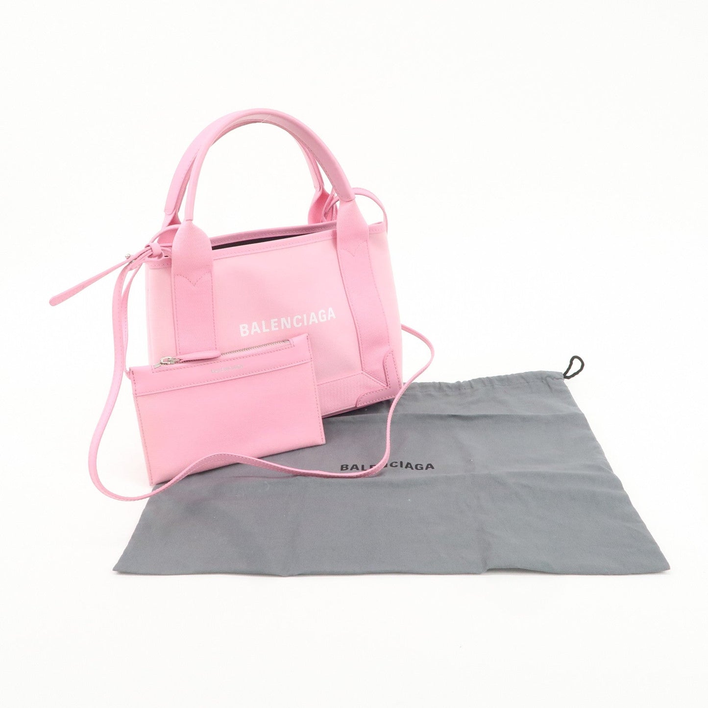 BALENCIAGA Canvas Leather Navy Cabas XS 2Way Tote Bag Pink 390346