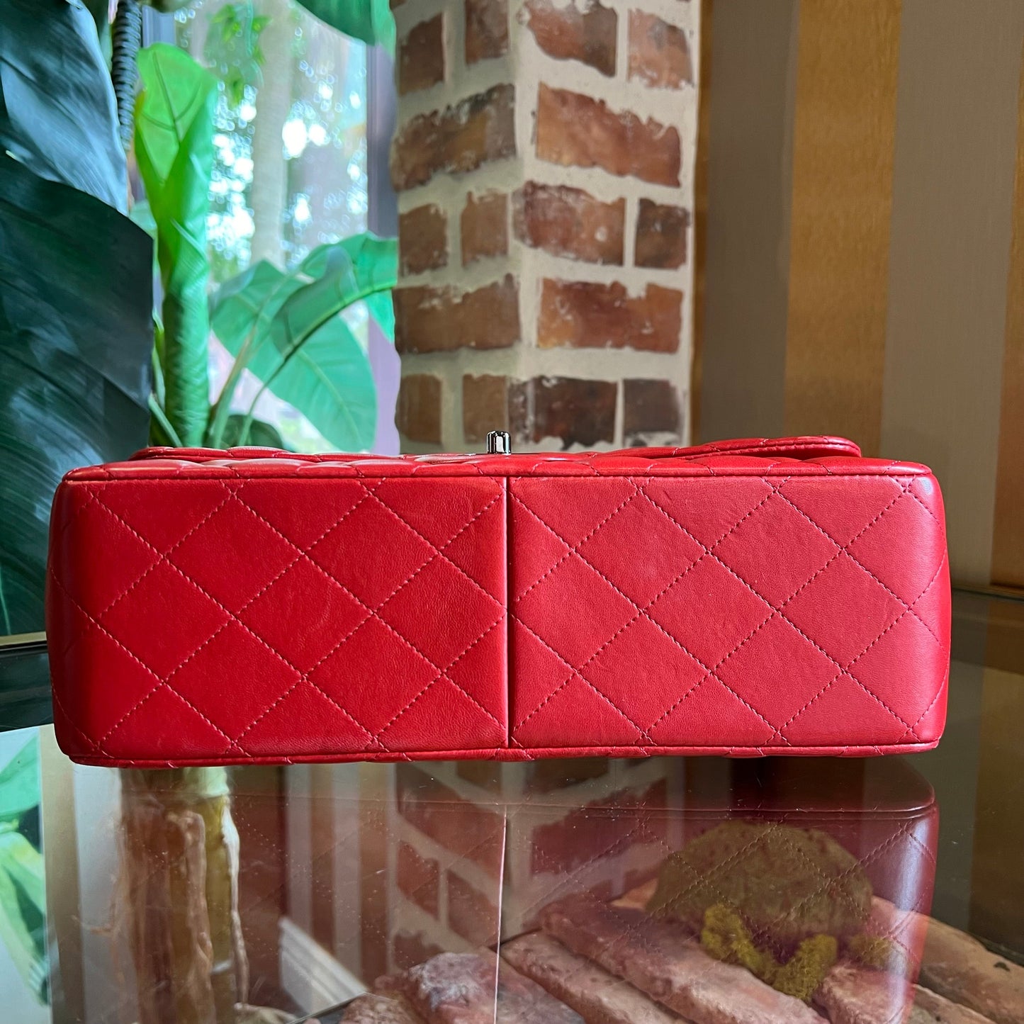 CHANEL Double Flap Jumbo Red Lambskin Quilted Shoulder Bag