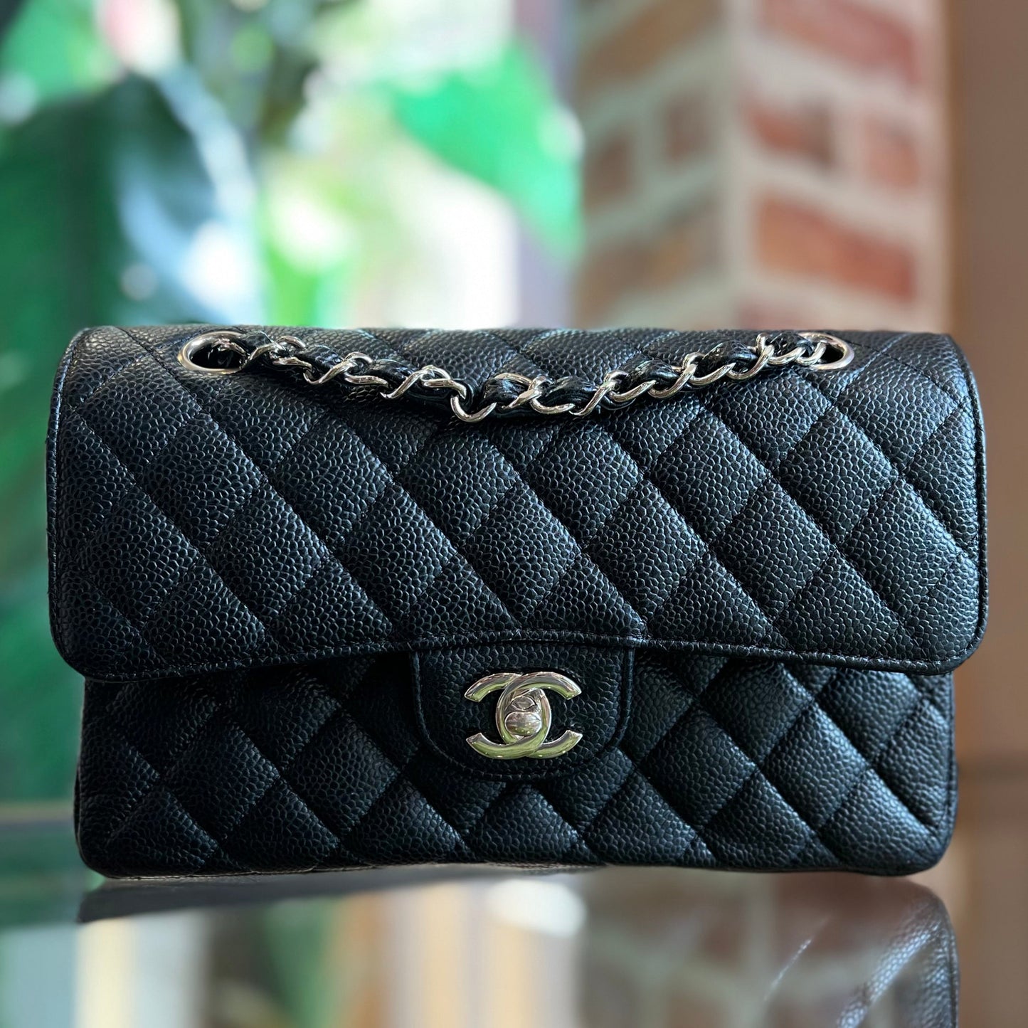 CHANEL Small Double Flap Black Caviar Quilted Shoulder Bag