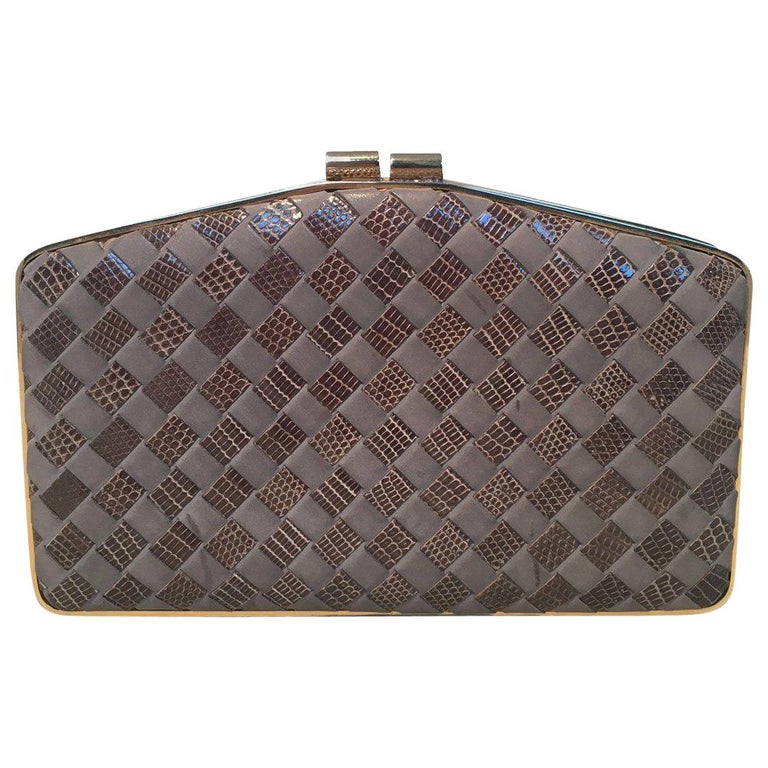 Bottega Veneta Vintage Woven Grey Lizard and Leather Clutch