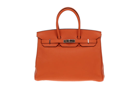 Hermes Orange Togo Leather and Palladium HW Birkin 35 2013 (Q in a square)