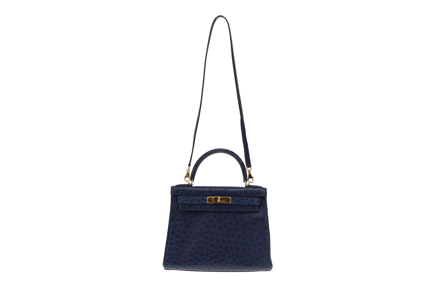 Hermes Rare Bleu Iris Ostrich Retourne Kelly 28cm with Strap 2007