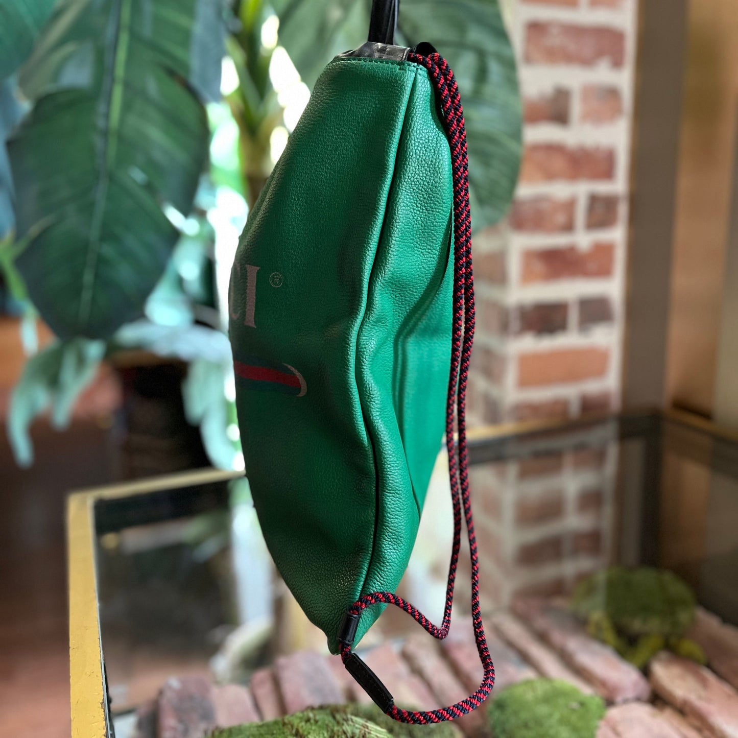 GUCCI Green Calfskin Logo Drawstring Backpack