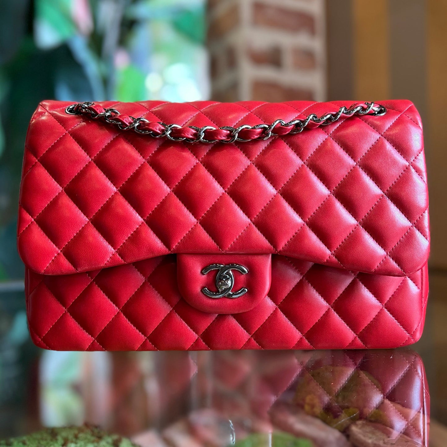 CHANEL Double Flap Jumbo Red Lambskin Quilted Shoulder Bag