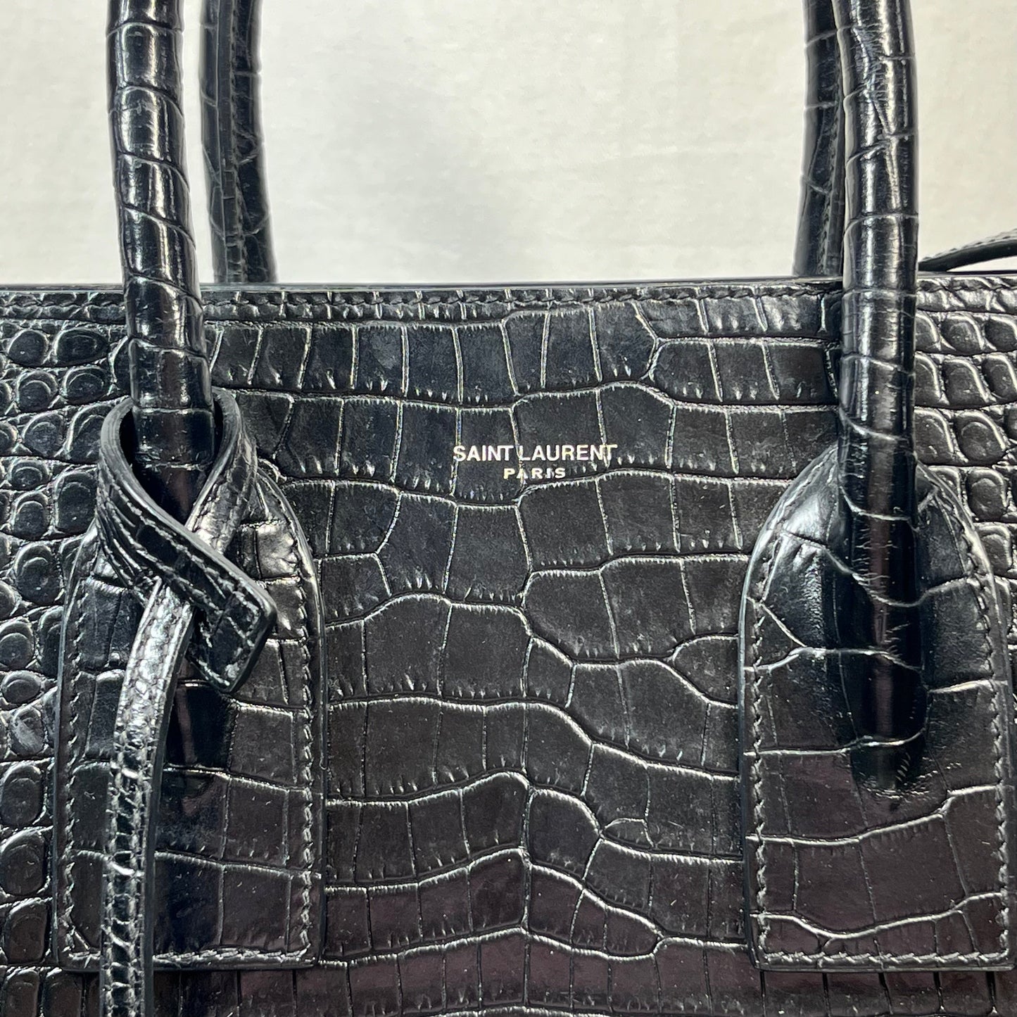 SAINT LAURENT Sac De Jour Small Black Calfskin Crocodile Embossed Tote Bag TS3784