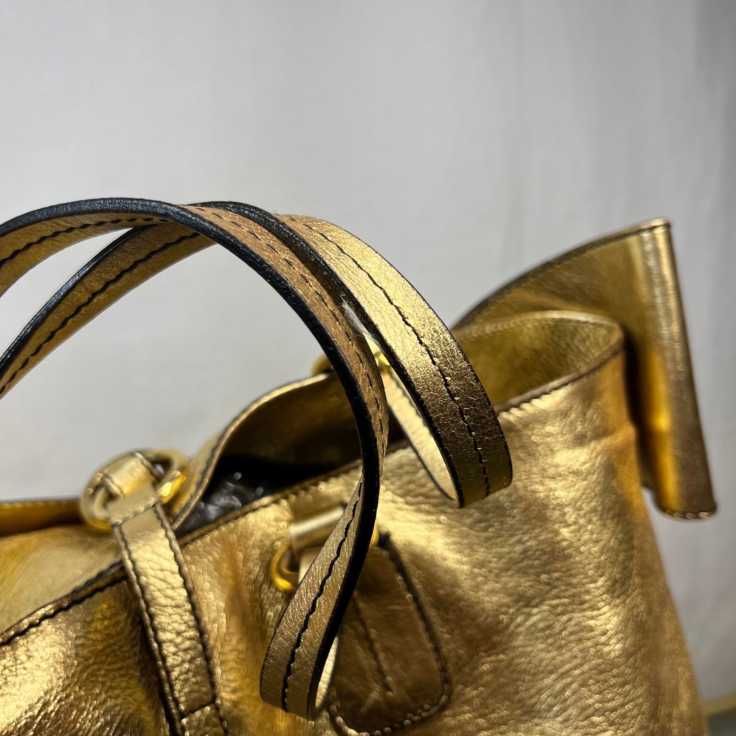 VALENTINO Metallic Gold Leather Bow Shopper Tote Bag