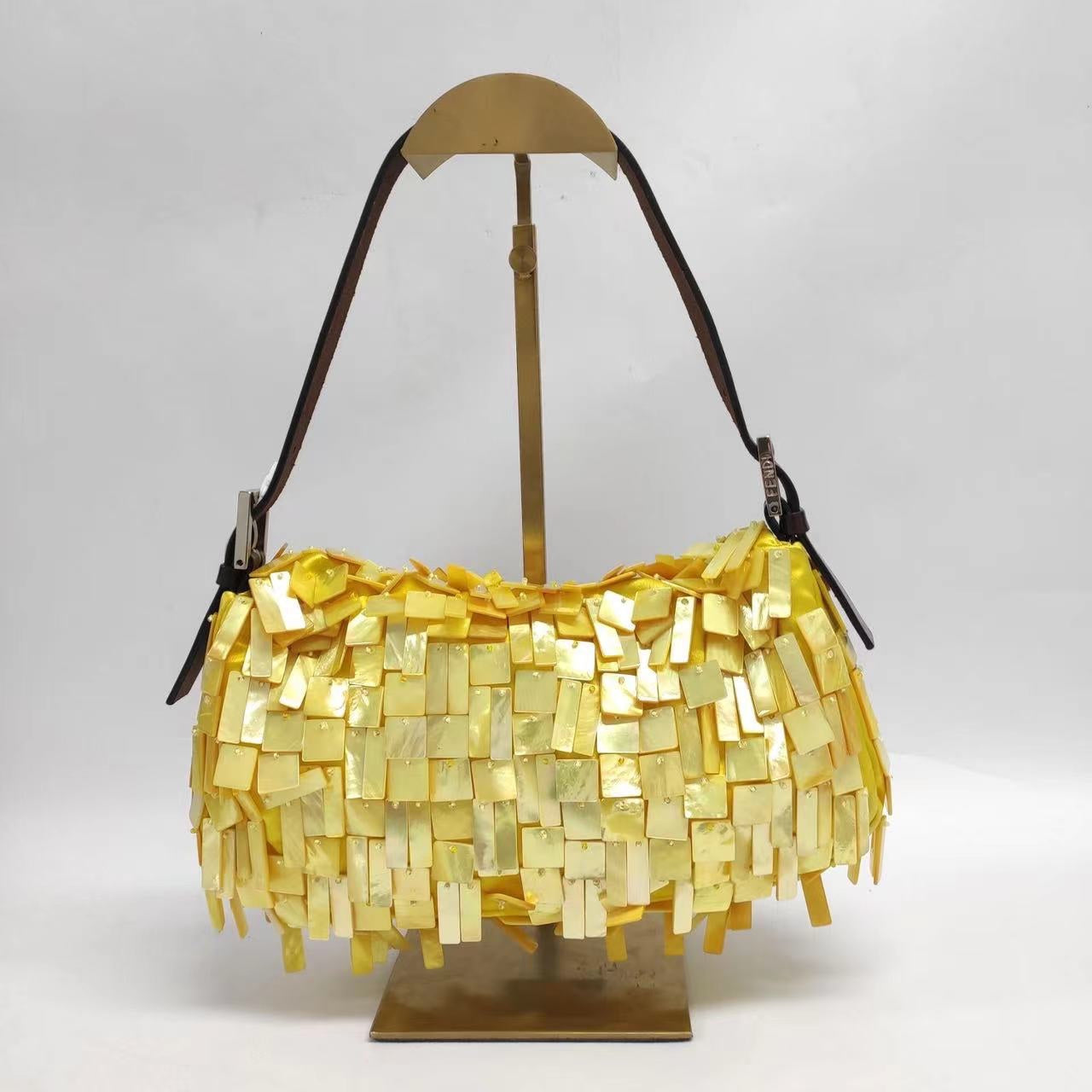 Fendi Baguette Yellow Silk With Mother Of Pearl Sequins Extremely Rare