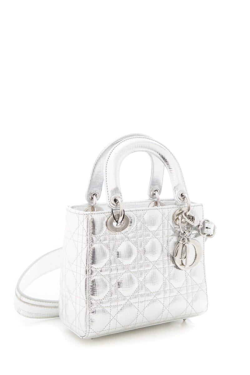 Dior Lady Dior Metallic Silver Grained Cannage with Lucky Badges Handbag