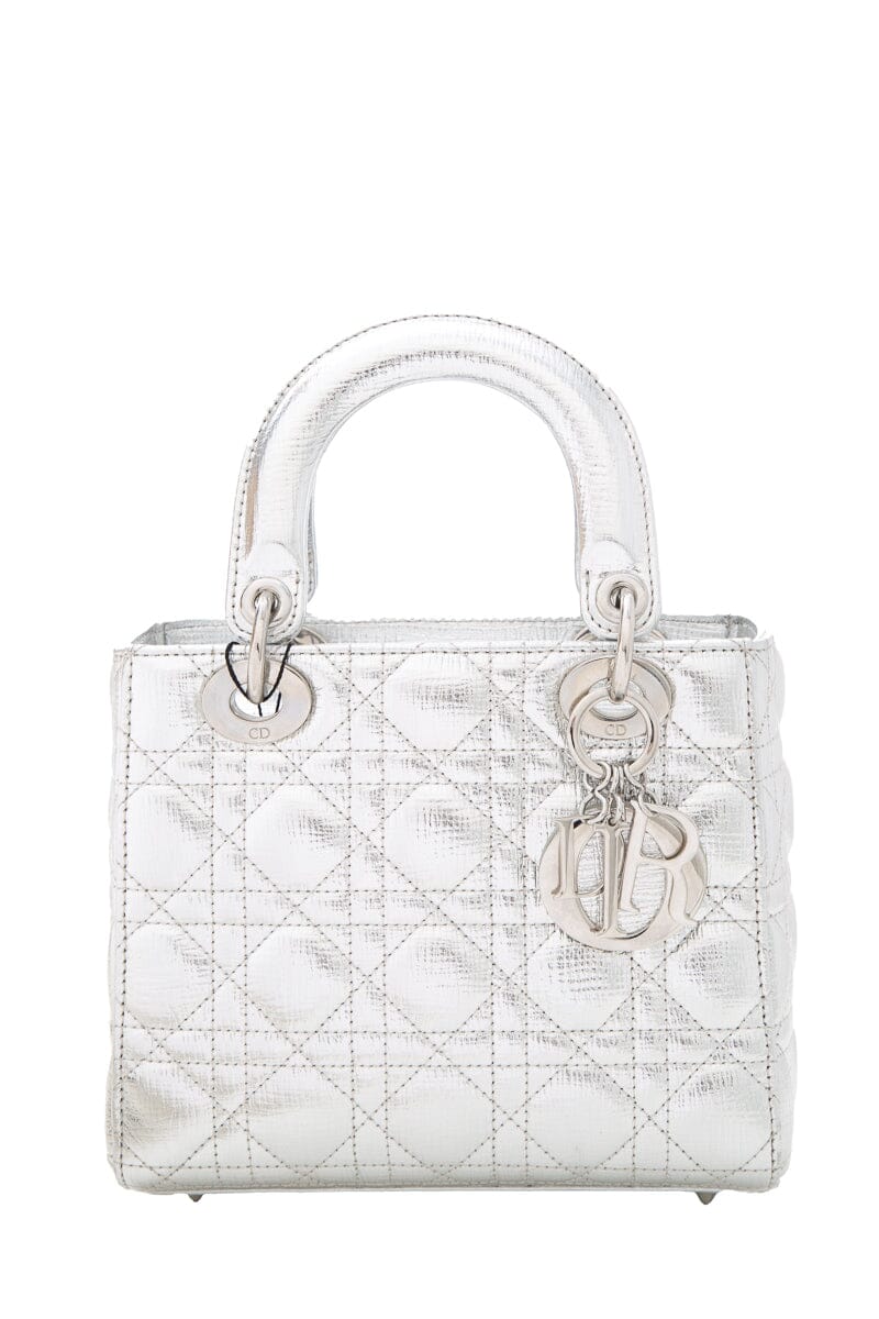 Dior Lady Dior Metallic Silver Grained Cannage with Lucky Badges Handbag