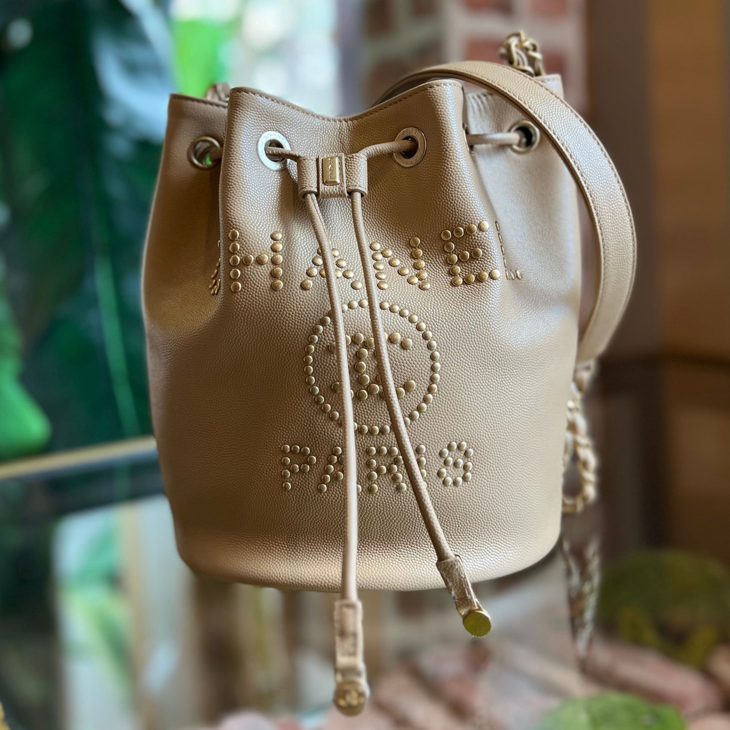 CHANEL Deauville Beige Caviar Leather Drawstring Bucket Bag