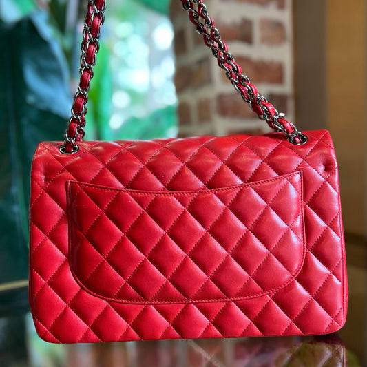 CHANEL Double Flap Jumbo Red Lambskin Quilted Shoulder Bag