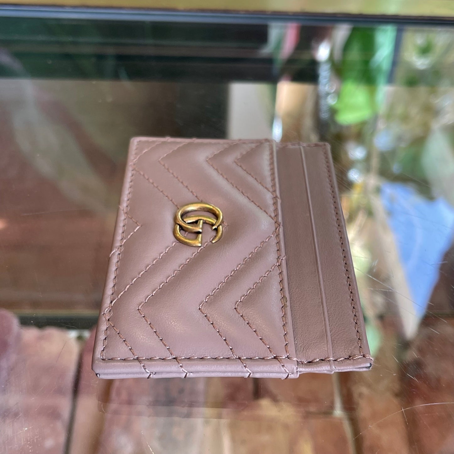 GUCCI Taupe GG Marmont Leather Card Case