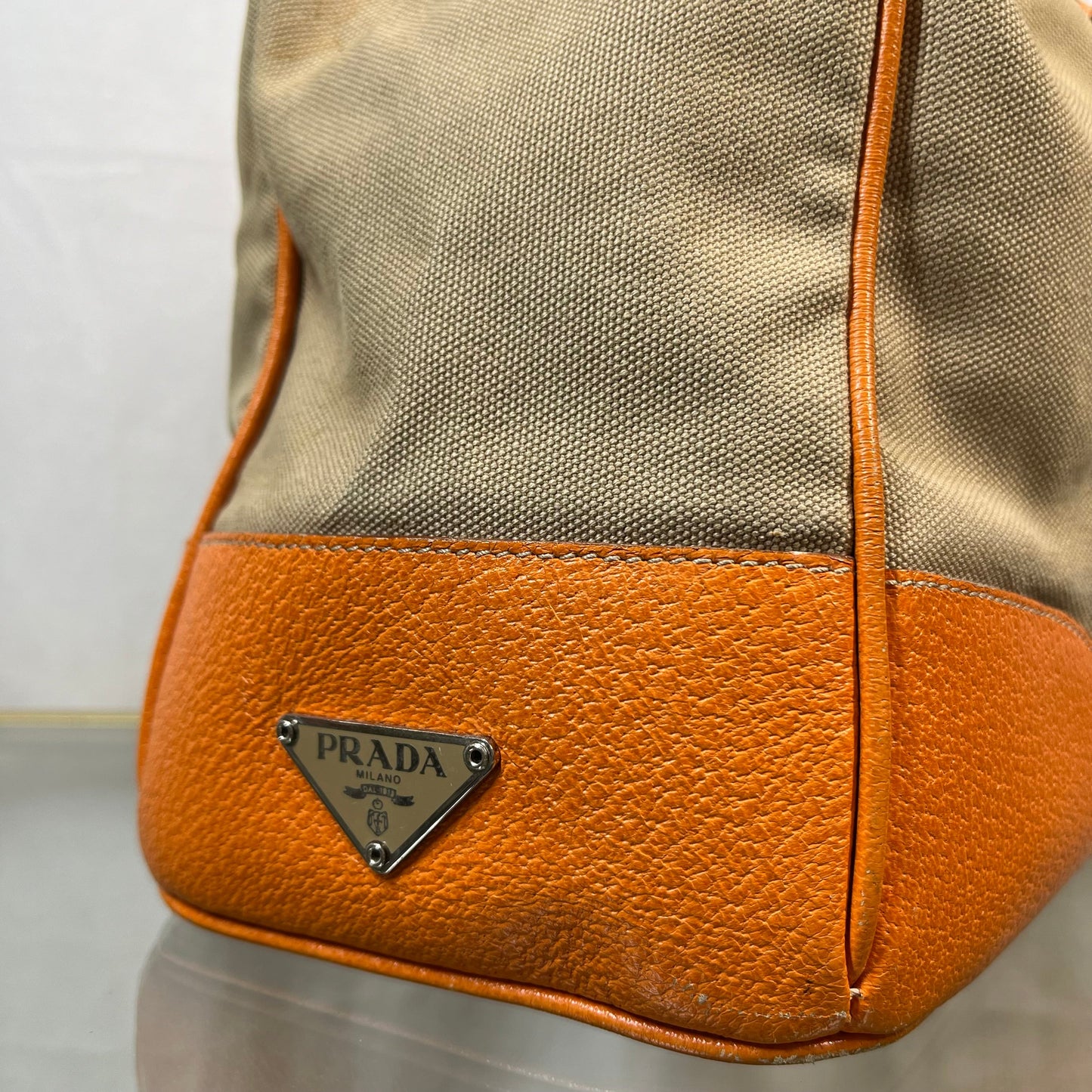 PRADA Leather & Canvas Drawstring Orange Bucket Bag TS3776