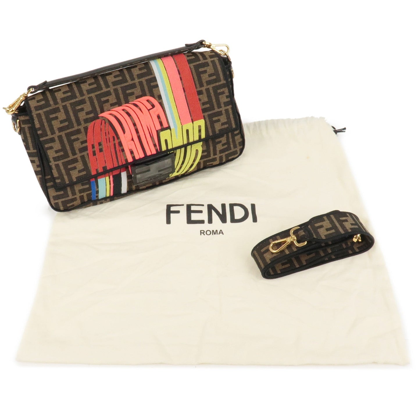 FENDI Zucca Canvas Embroidery Baguette Khaki Black 8BR771