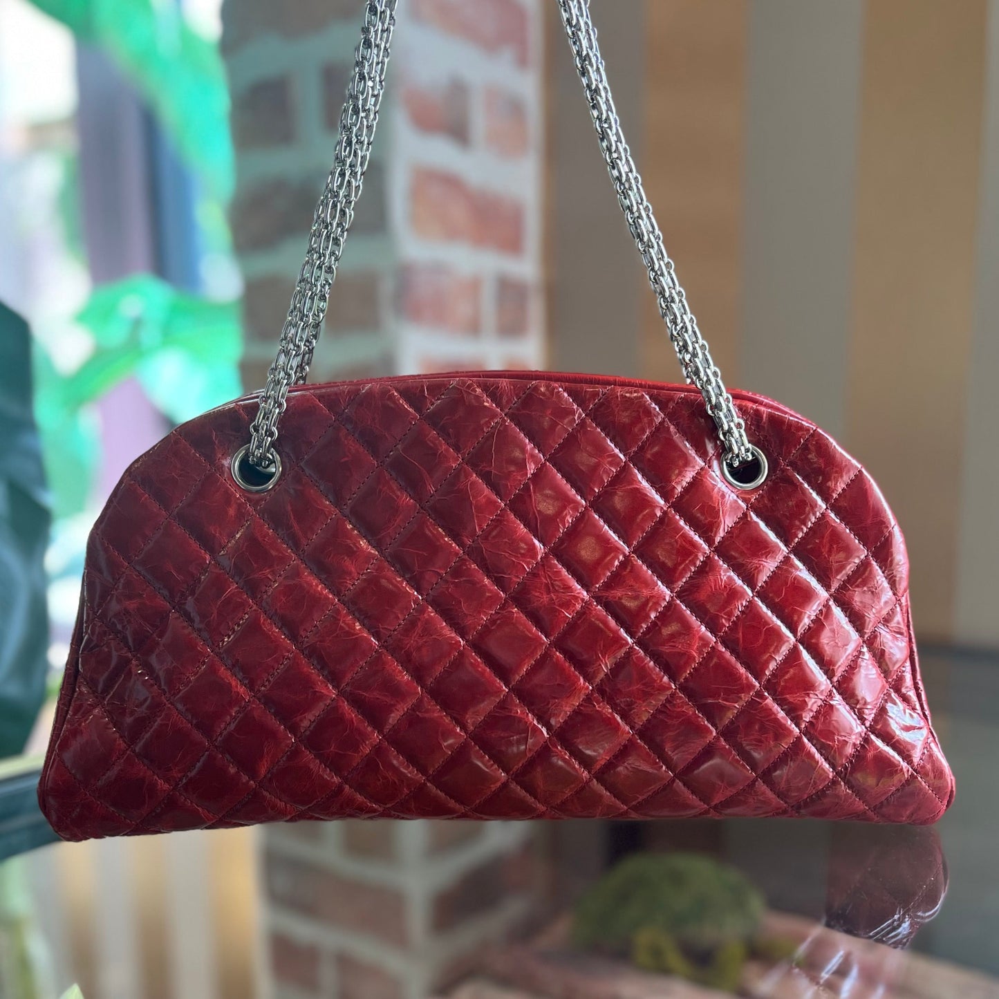 CHANEL Just Mademoiselle Medium Red Glazed Calfskin Quilted Bowling Bag ADI1078