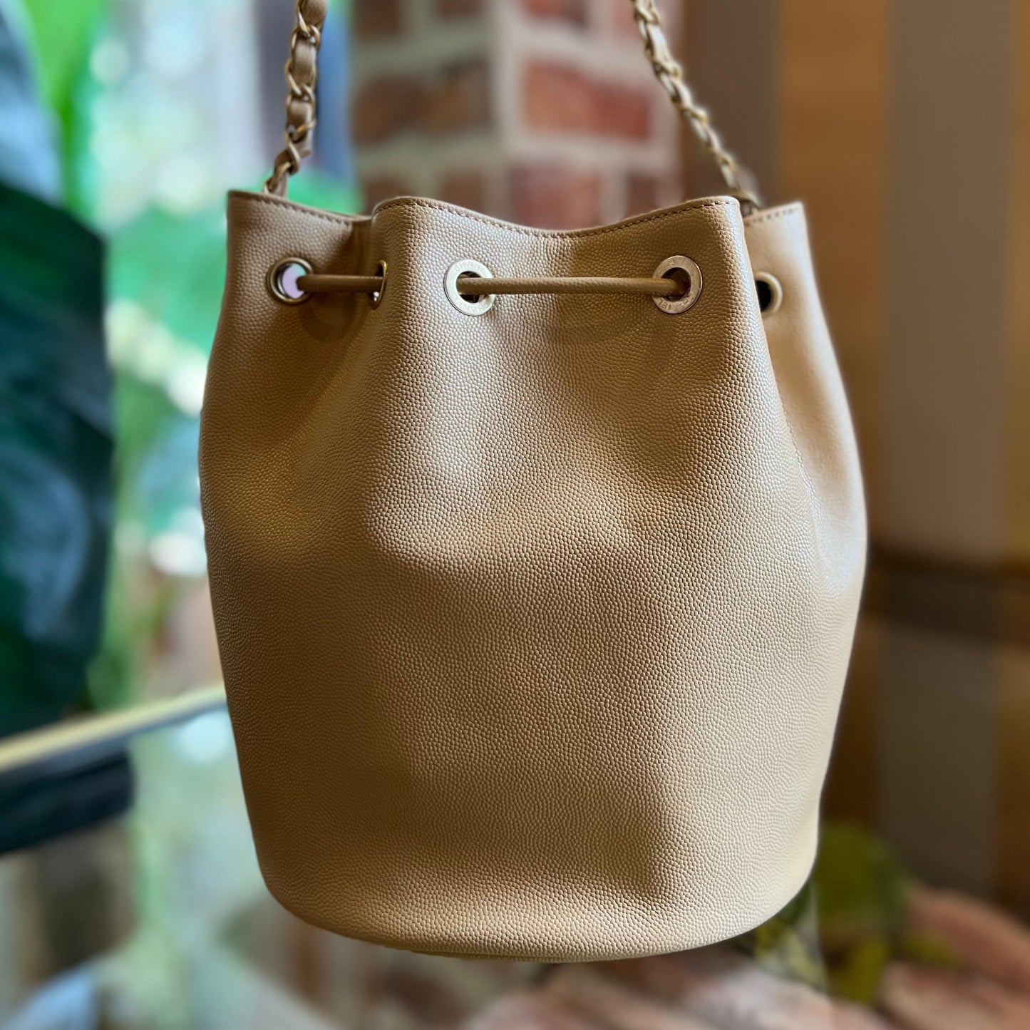 CHANEL Deauville Beige Caviar Leather Drawstring Bucket Bag