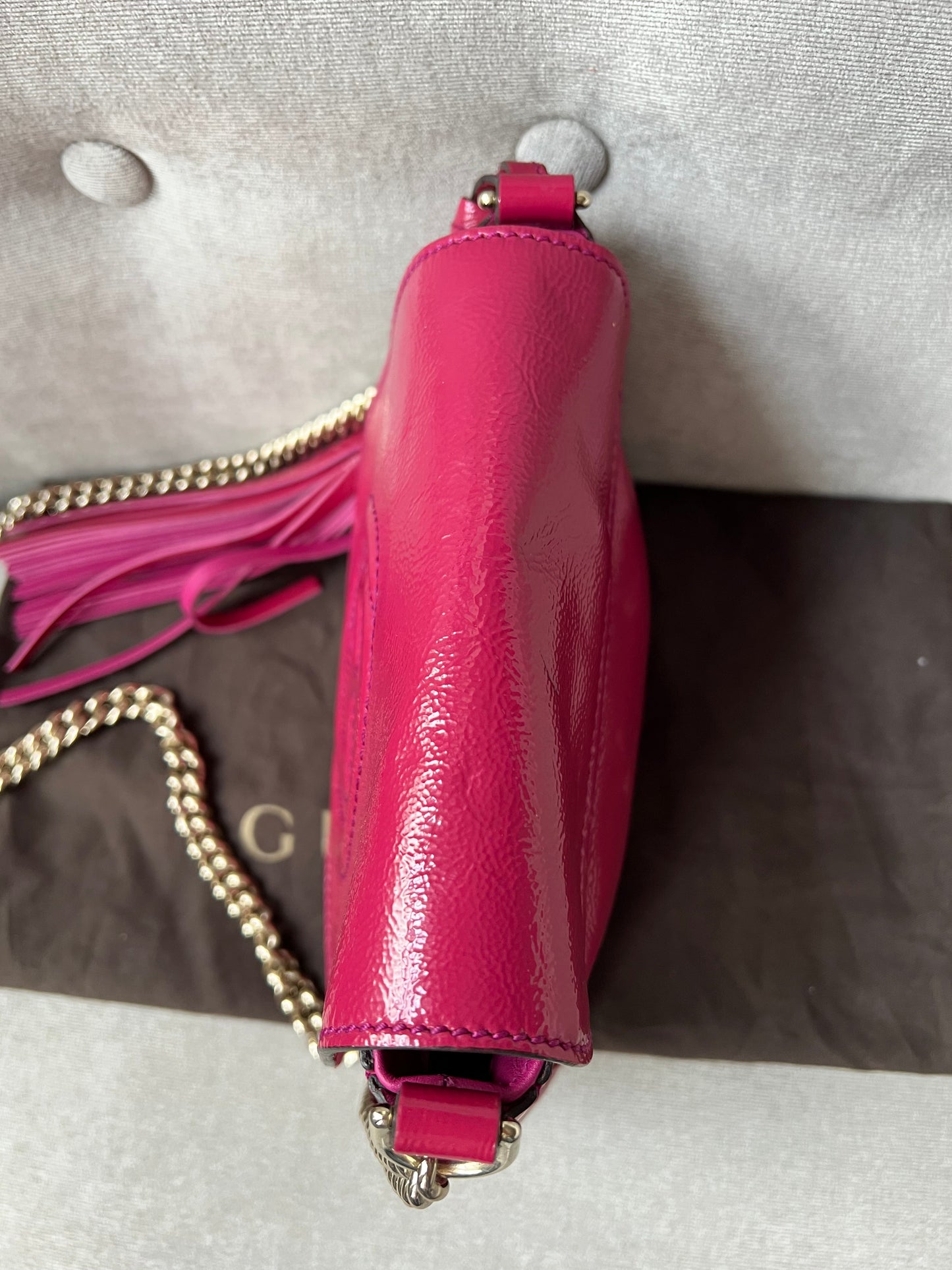 Gucci Pink Patent Mini Soho Chain Crossbody Flap Bag