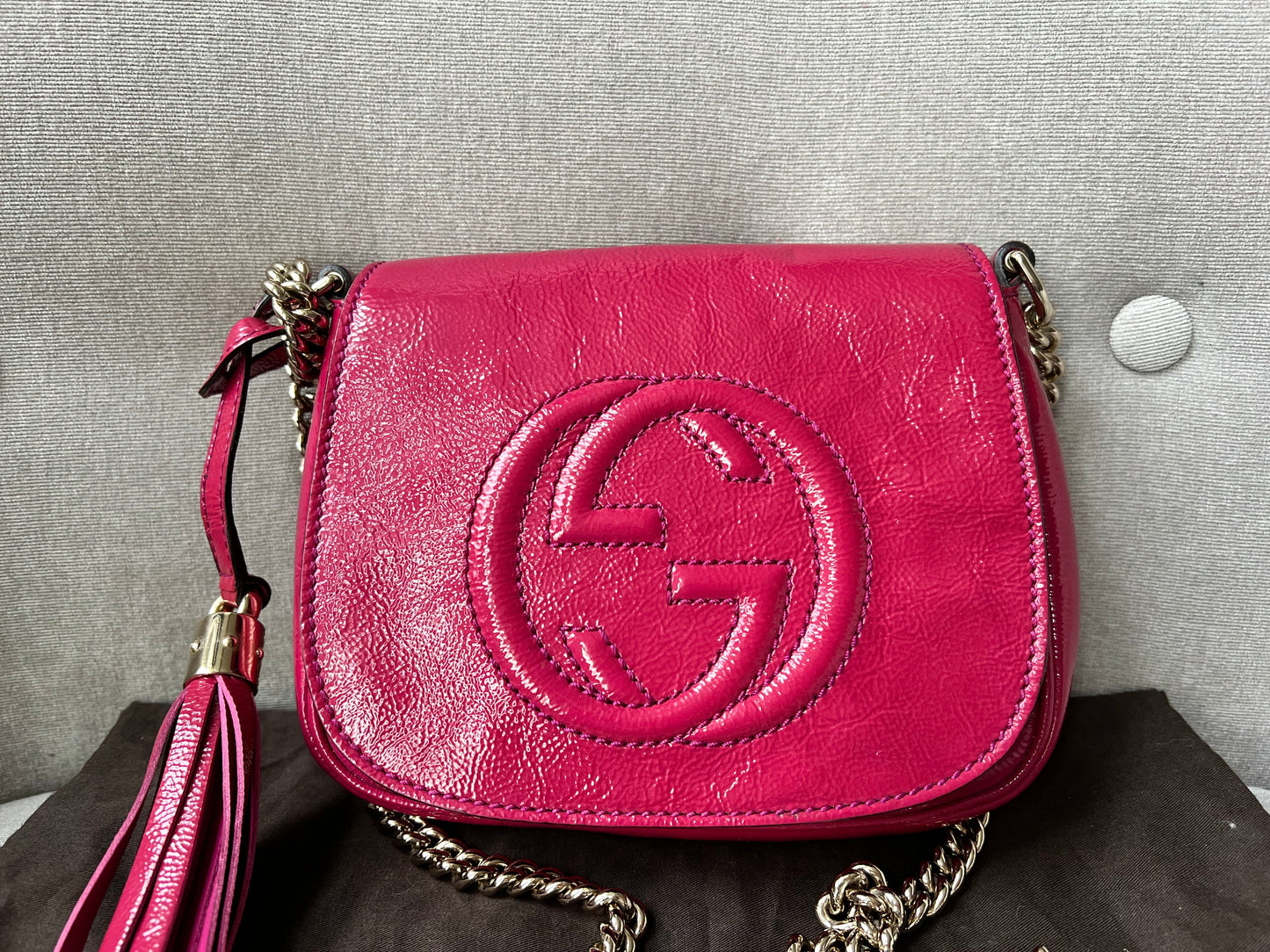 Gucci Pink Patent Mini Soho Chain Crossbody Flap Bag