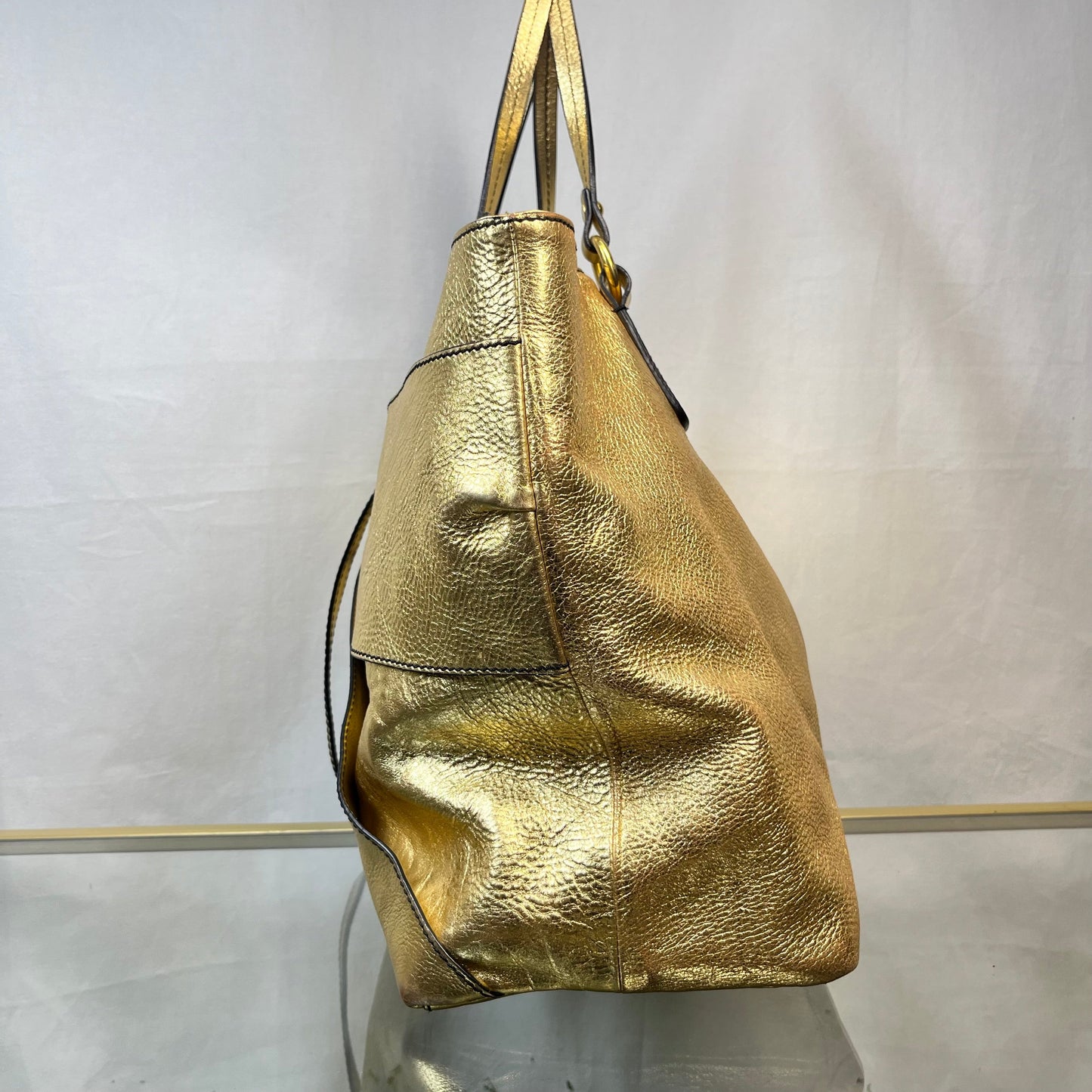 VALENTINO Metallic Gold Leather Bow Shopper Tote Bag