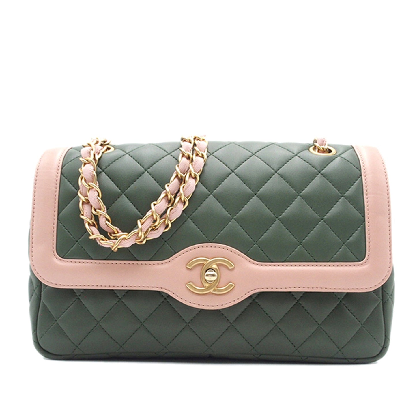 Chanel Two-Tone Flap Bag Green Lambskin Gold