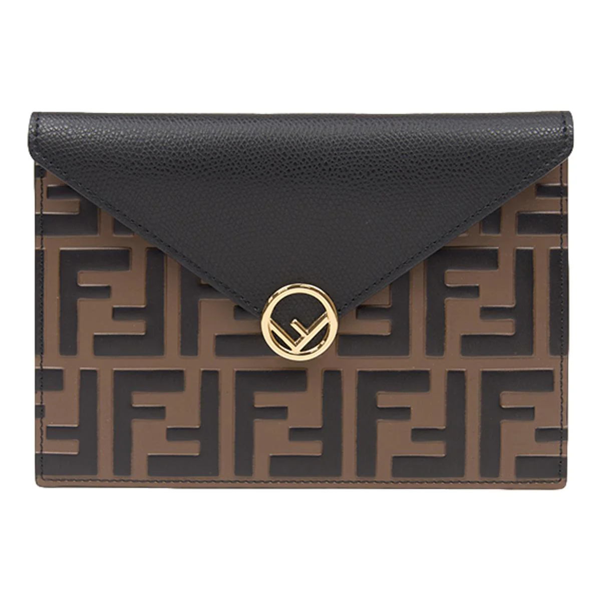 Fendi F is Fendi Black Brown Embossed Leather Flat Pouch