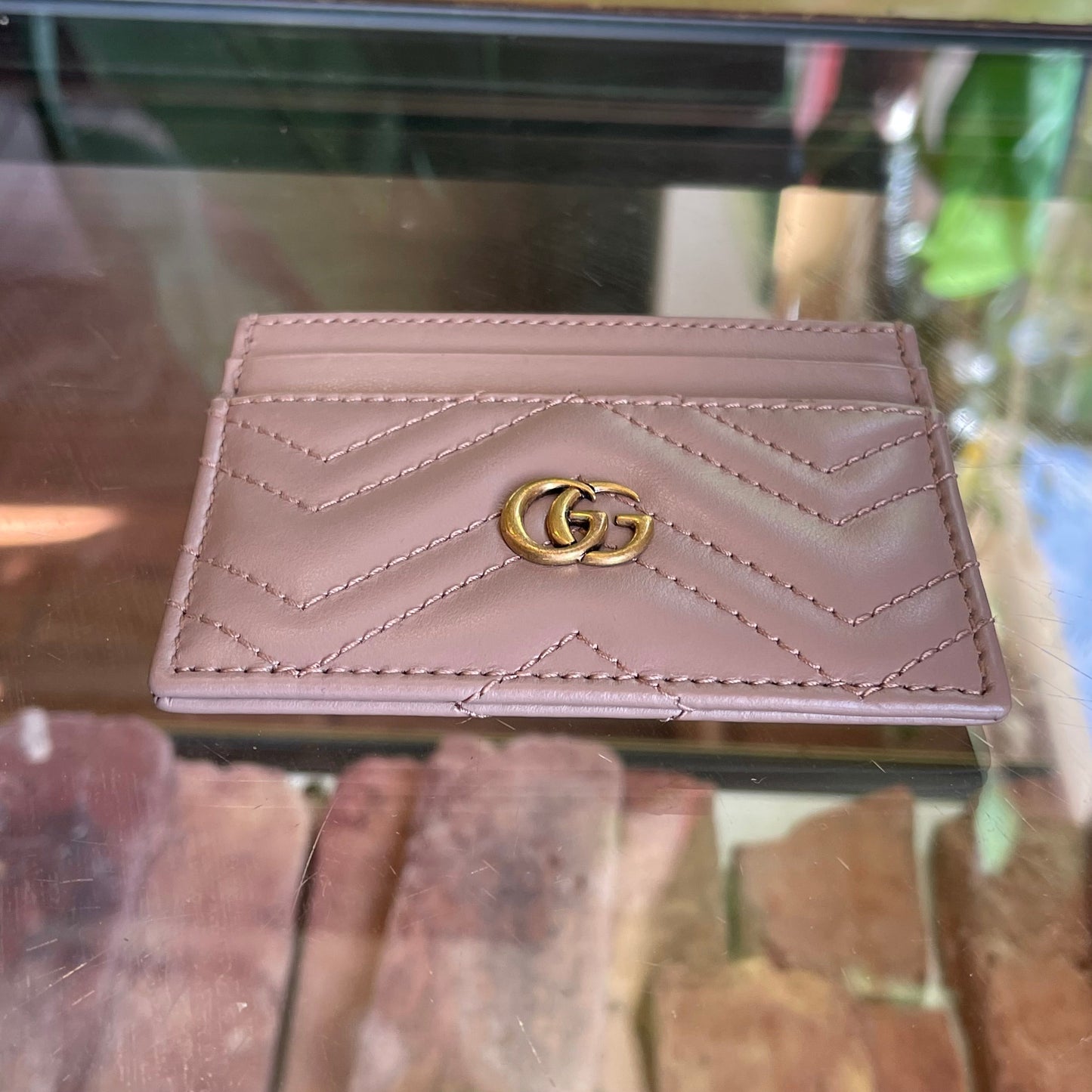 GUCCI Taupe GG Marmont Leather Card Case