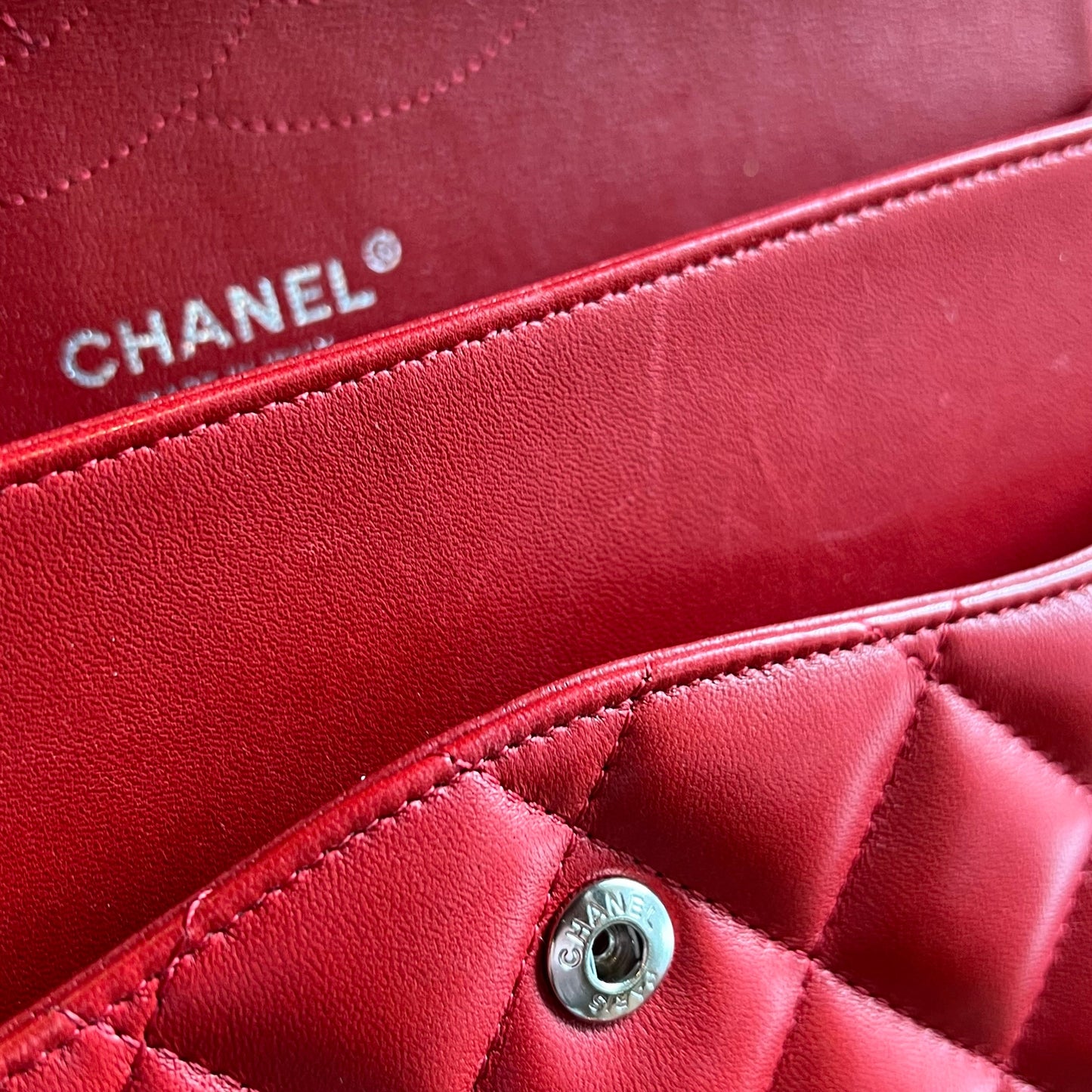 CHANEL Double Flap Jumbo Red Lambskin Quilted Shoulder Bag