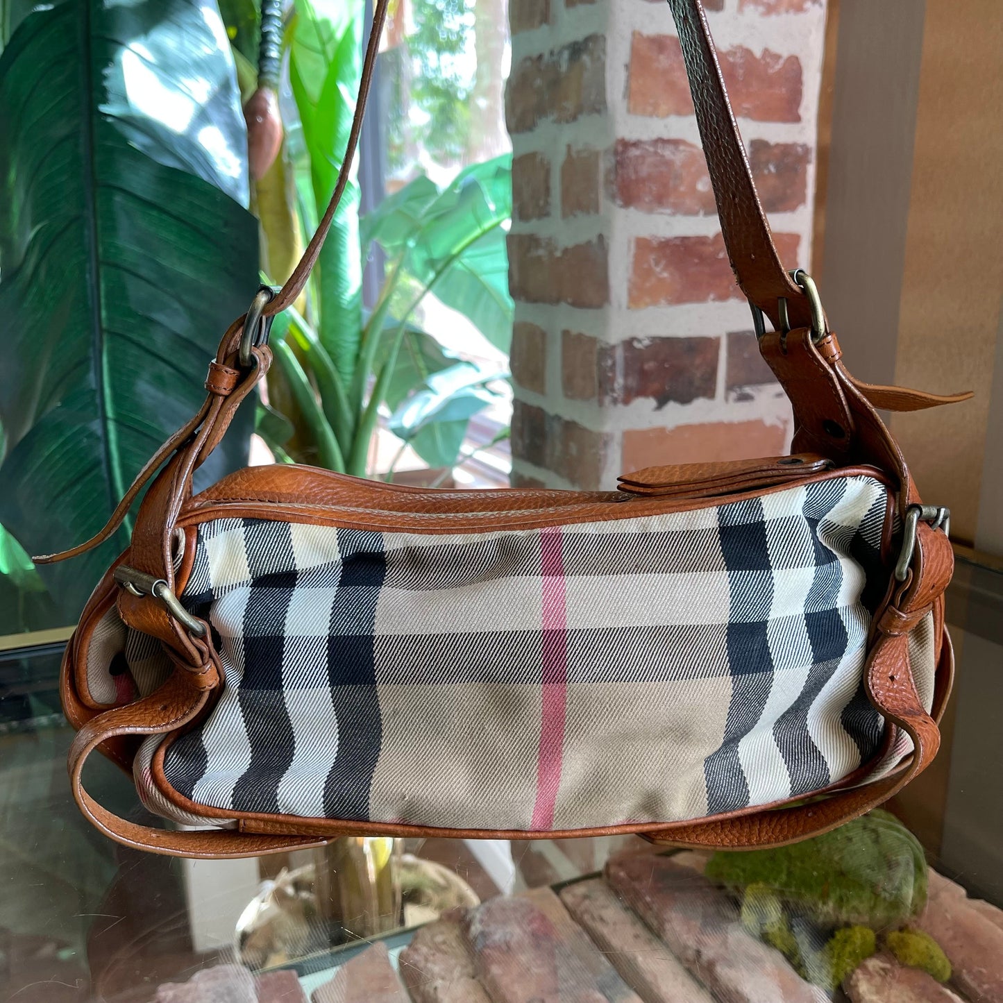 BURBERRY Check Brown Leather Shoulder Bag