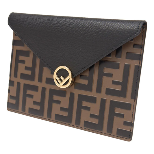 Fendi F is Fendi Black Brown Embossed Leather Flat Pouch