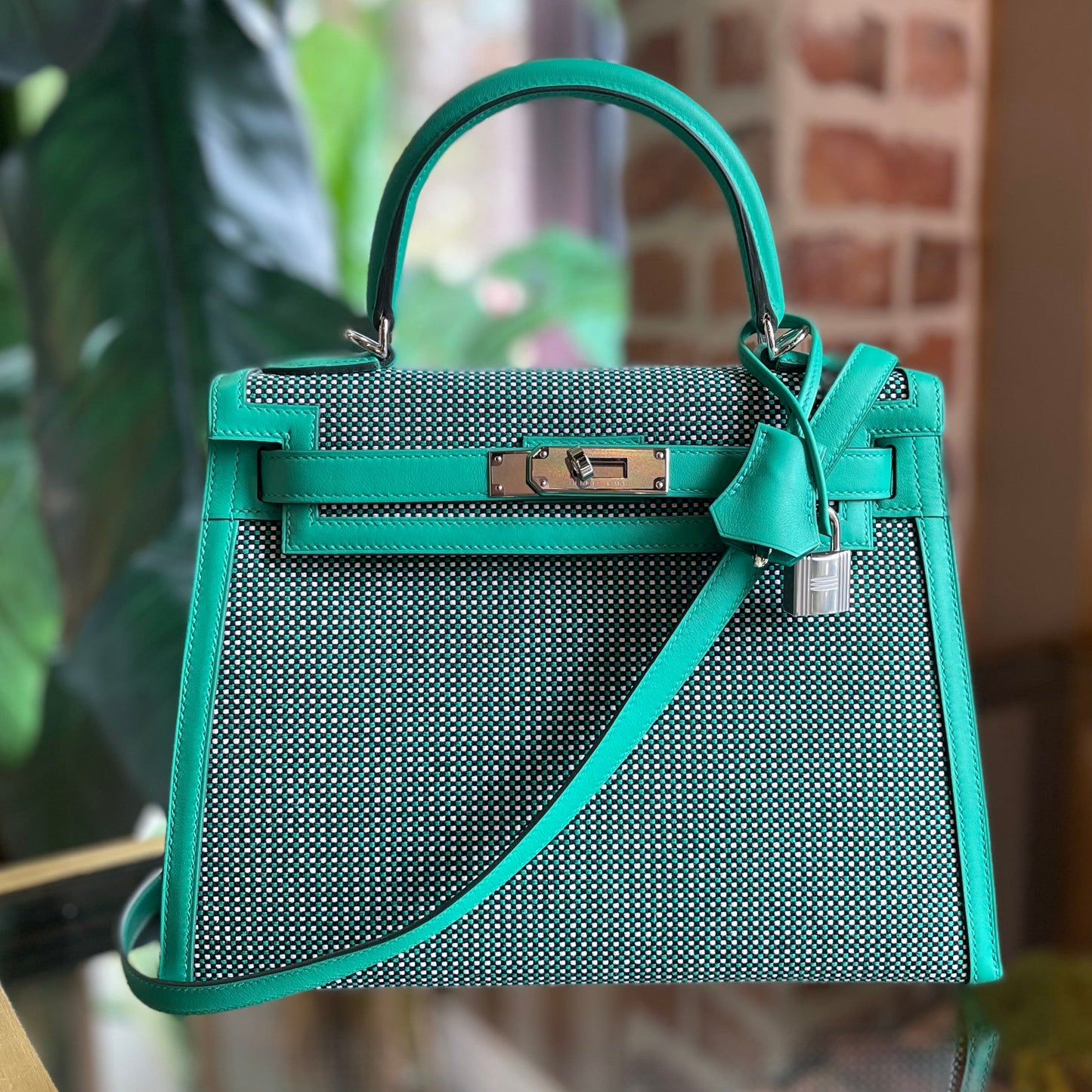 HERMES Menthe Quadrille Canvas and Swift with Palladium Hardware Kelly 28