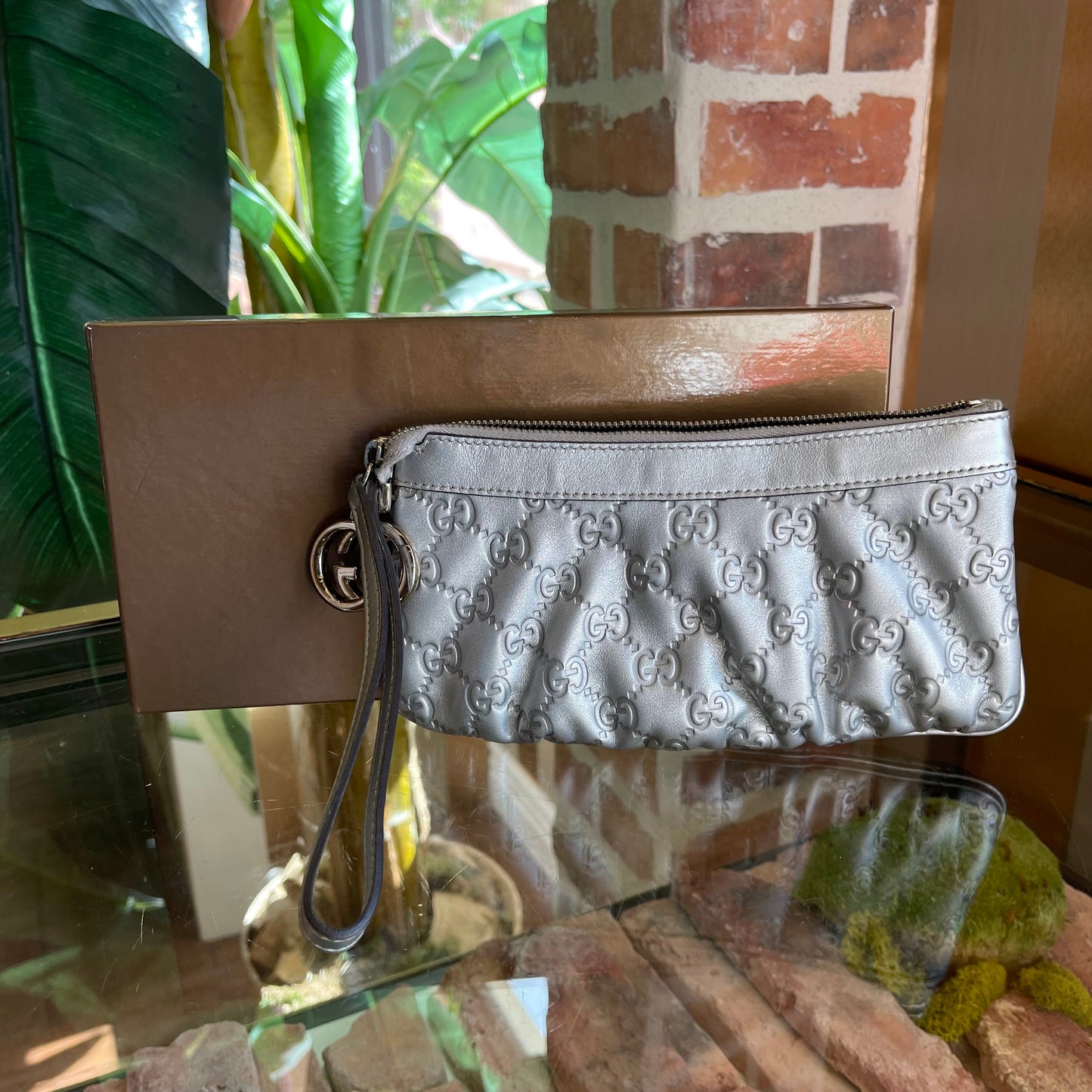 GUCCI Guccissima GG Web Silver Leather Pochette