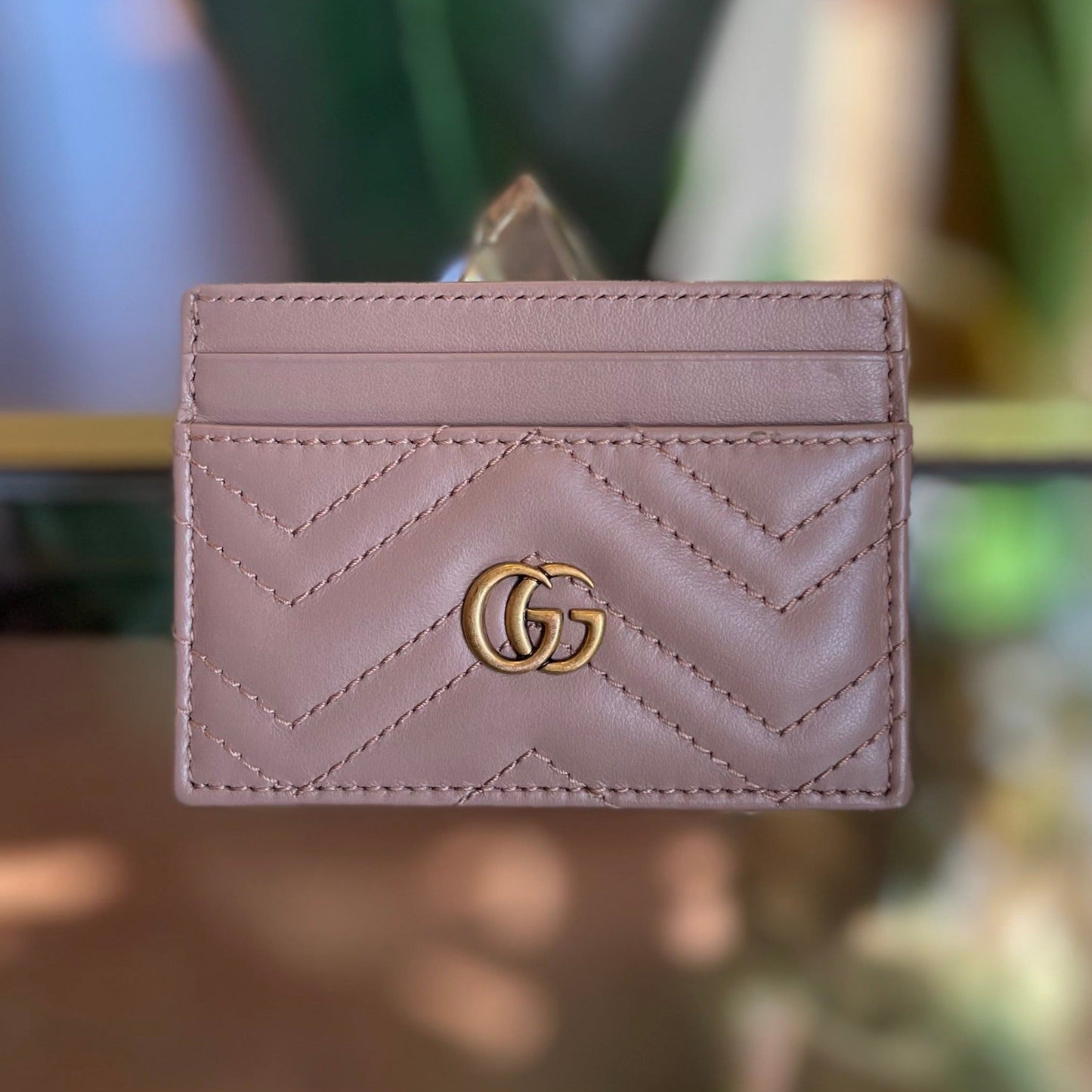 GUCCI Taupe GG Marmont Leather Card Case