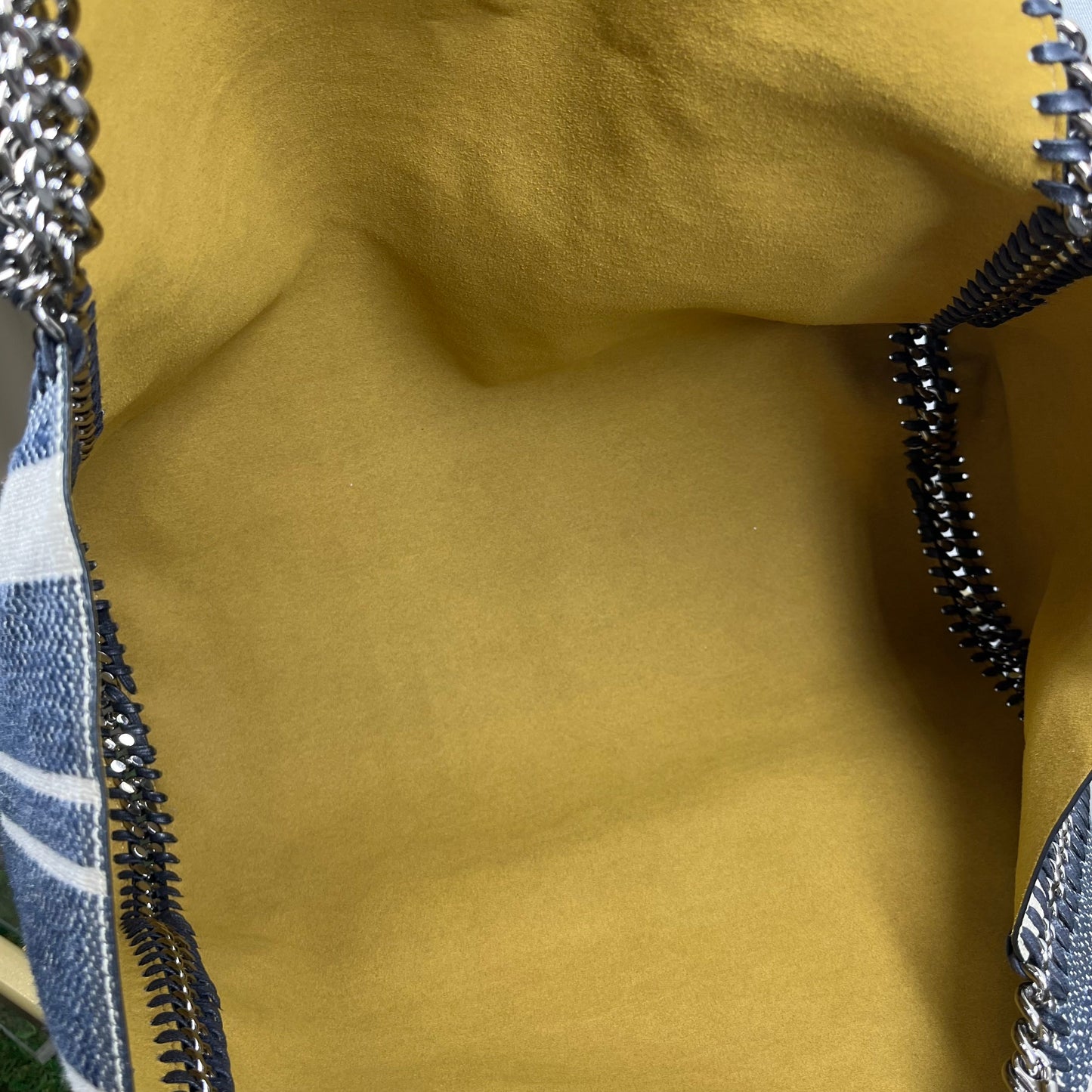 STELLA MCCARTNEY Falabella Reversible Blue Stripe/Yellow Suede Tote