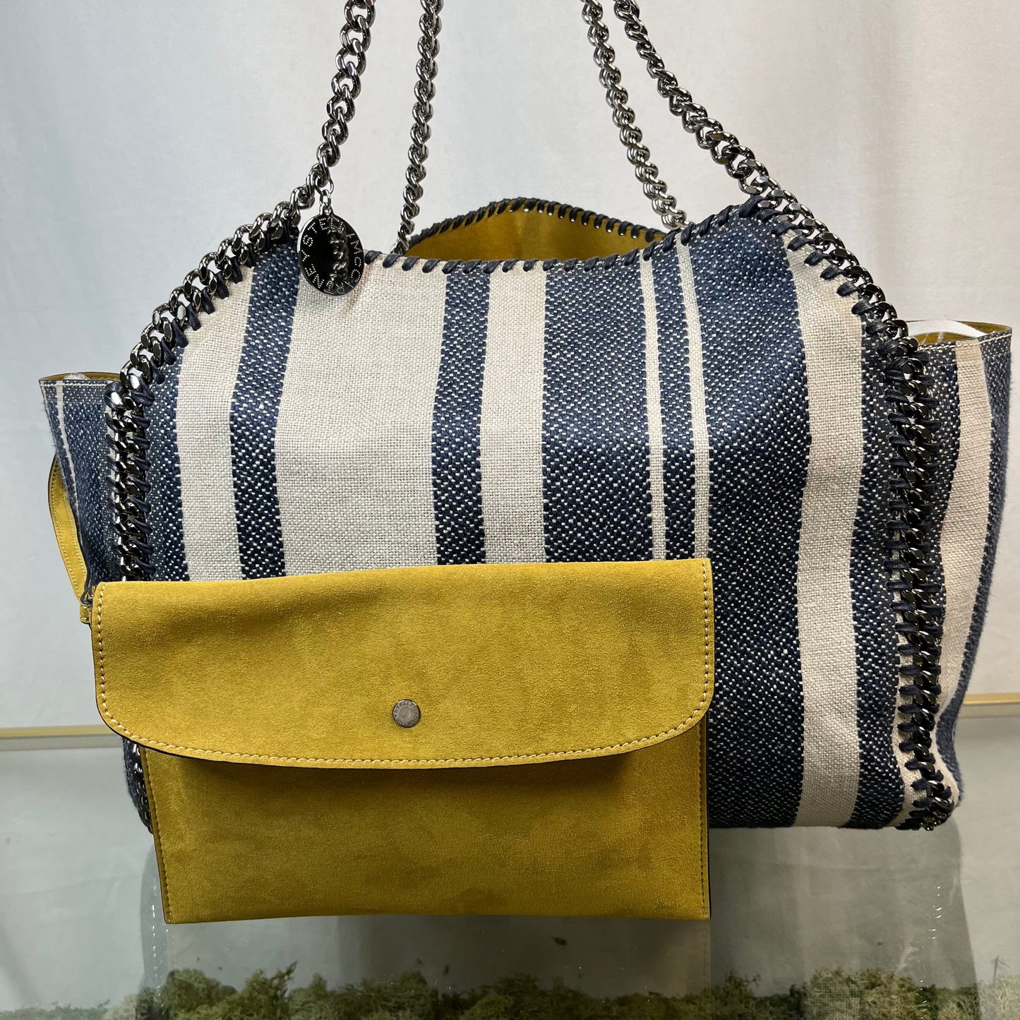 STELLA MCCARTNEY Falabella Reversible Blue Stripe/Yellow Suede Tote