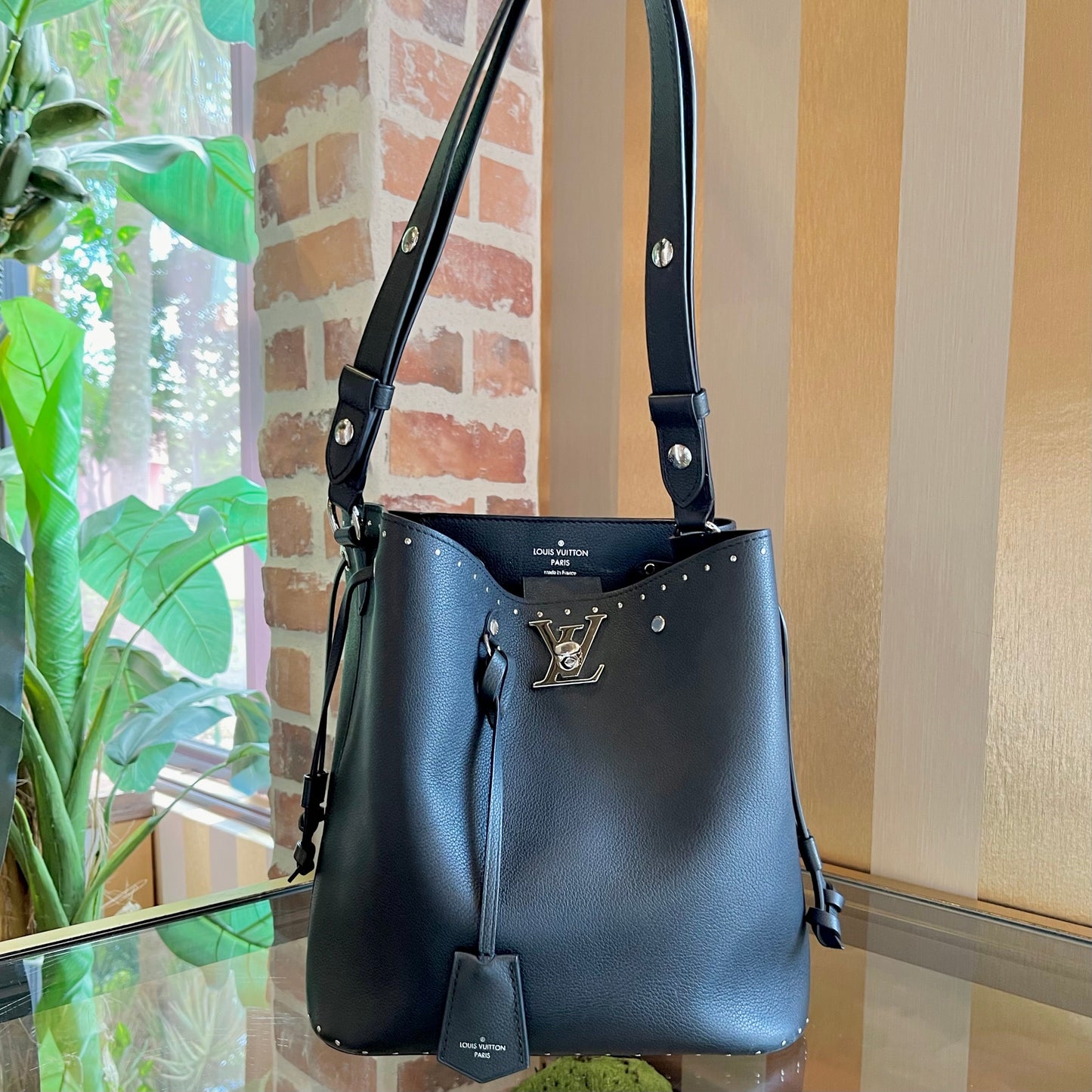 LOUIS VUITTON Black LockMe Studs Bucket Bag TS