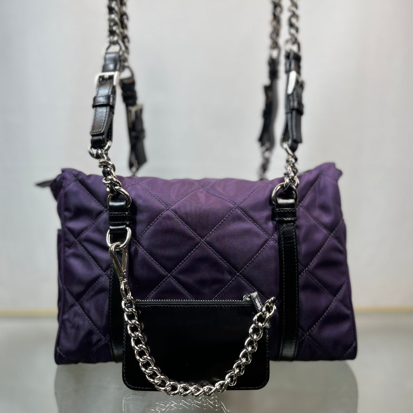 PRADA Impunture Purple Tessuto Quilted Chain Shoulder Bag and Wallet