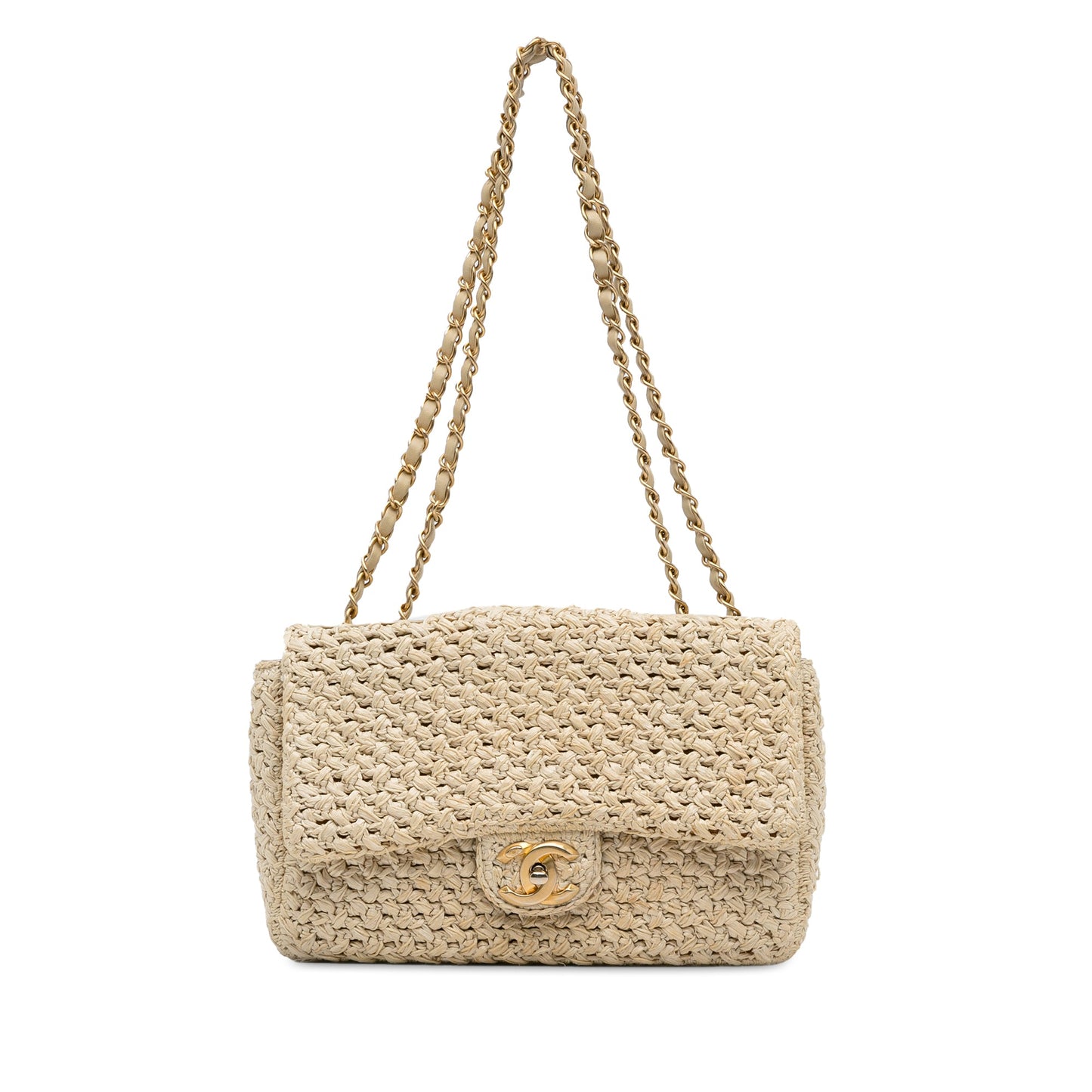 Chanel Single Flap Medium Brown Crochet Raffia Gold