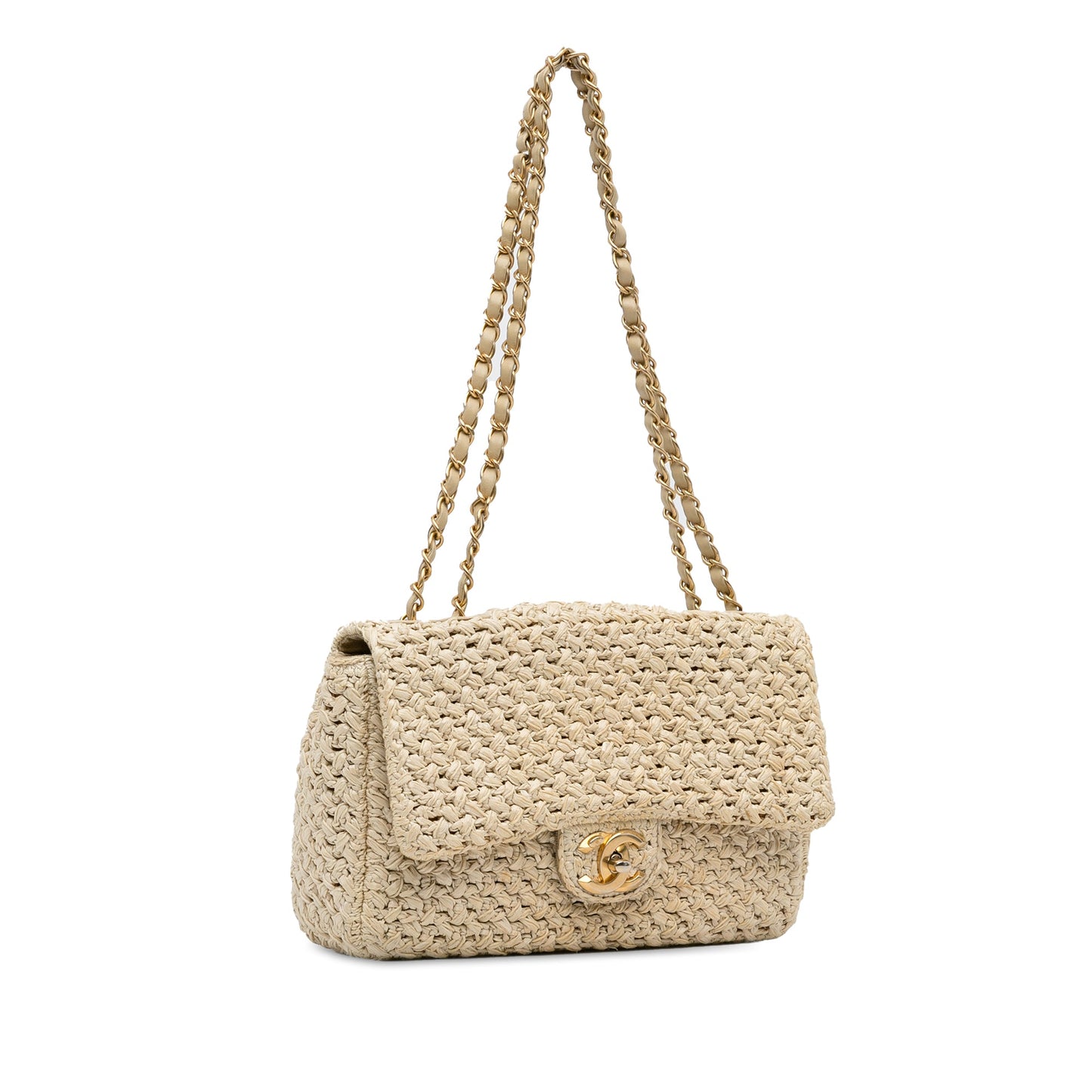 Chanel Single Flap Medium Brown Crochet Raffia Gold