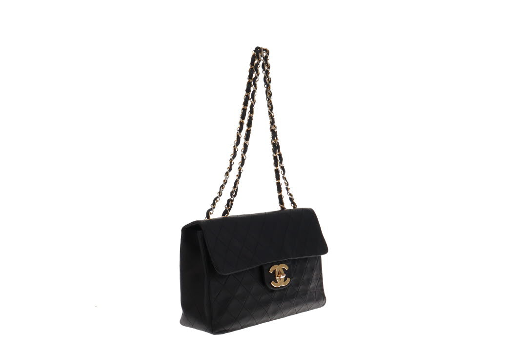 Chanel Black Lambskin Vintage Maxi Single Flap 24 Carat Gold CC