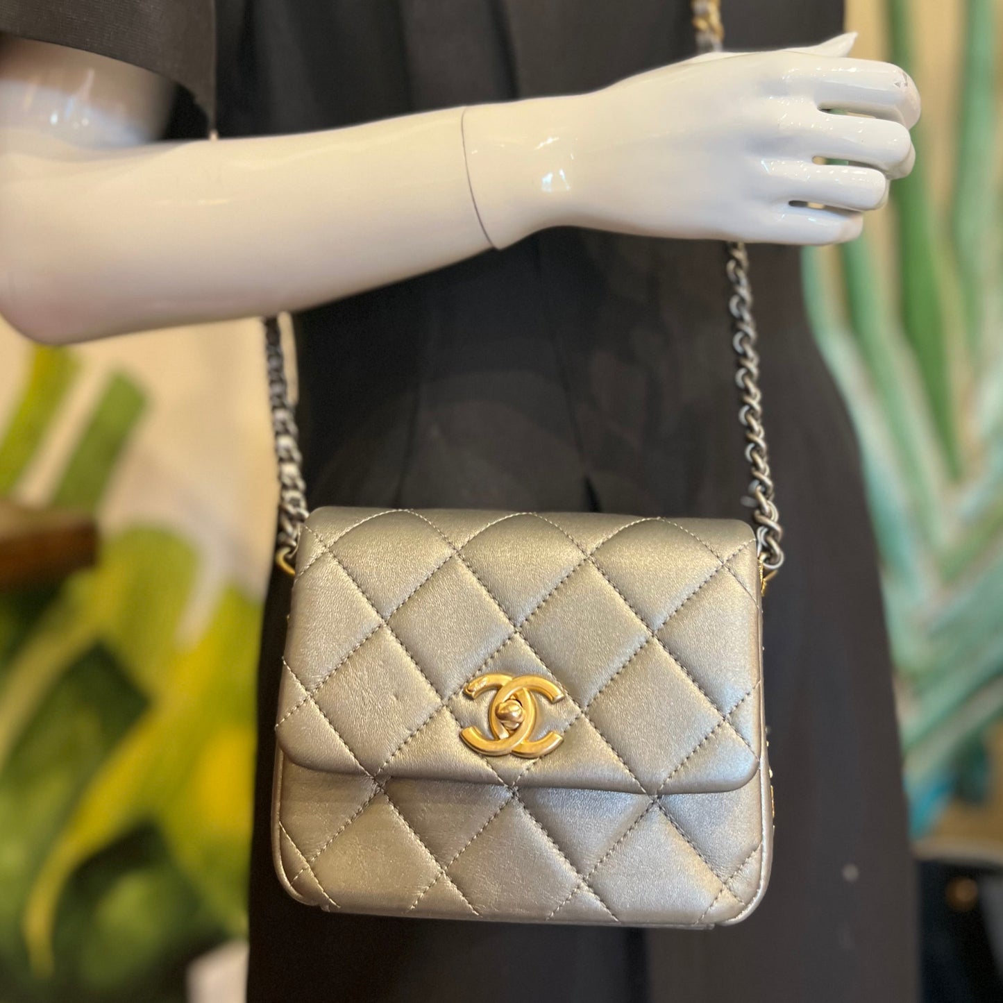 CHANEL Metallic Grey Lambskin Quilted Small Side Note Flap