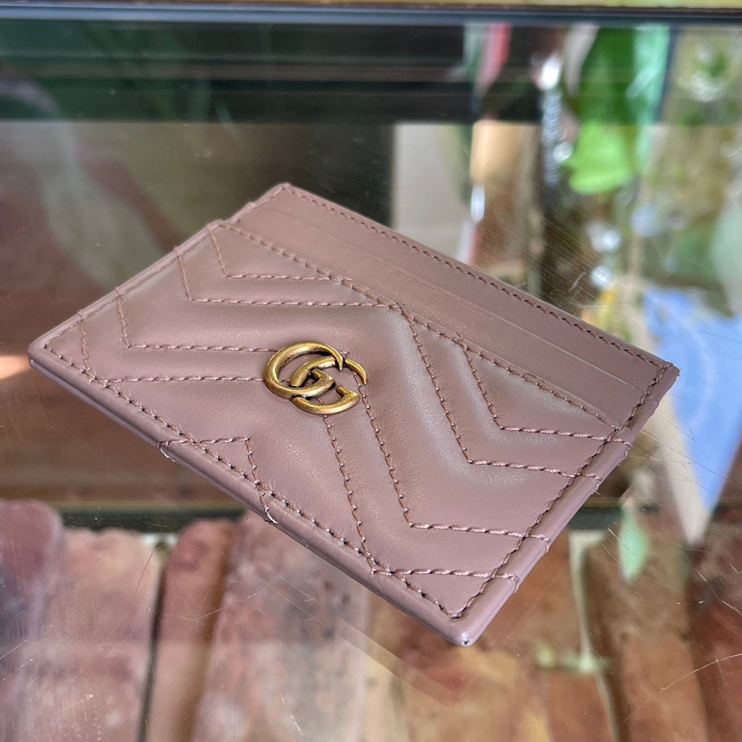 GUCCI Taupe GG Marmont Leather Card Case