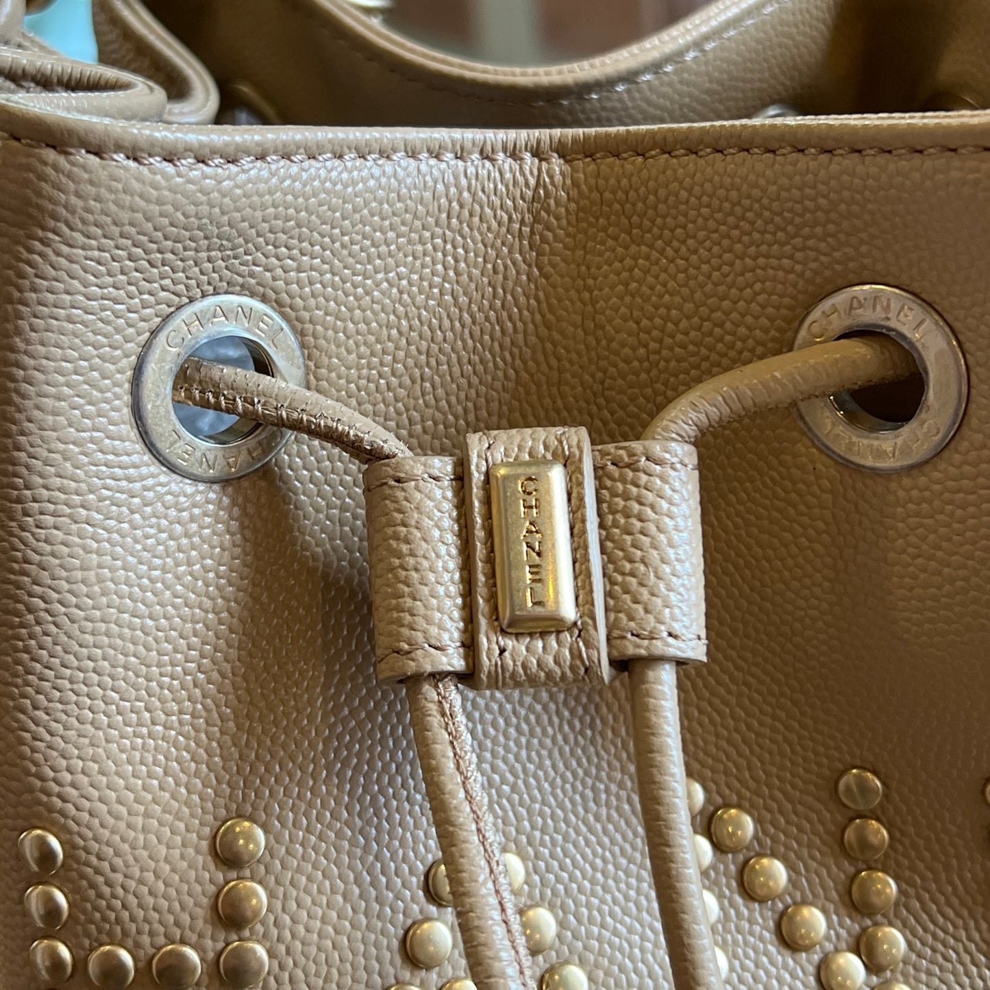 CHANEL Deauville Beige Caviar Leather Drawstring Bucket Bag