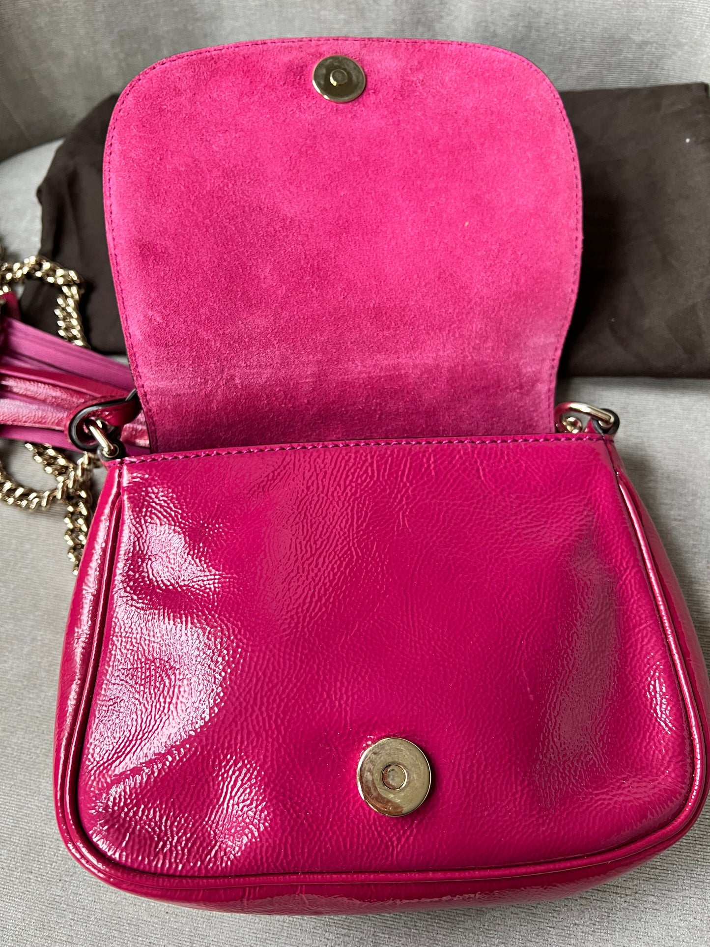 Gucci Pink Patent Mini Soho Chain Crossbody Flap Bag