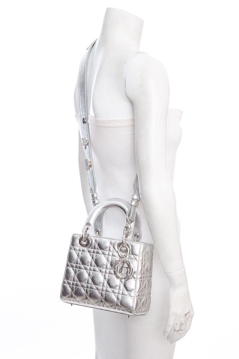 Dior Lady Dior Metallic Silver Grained Cannage with Lucky Badges Handbag