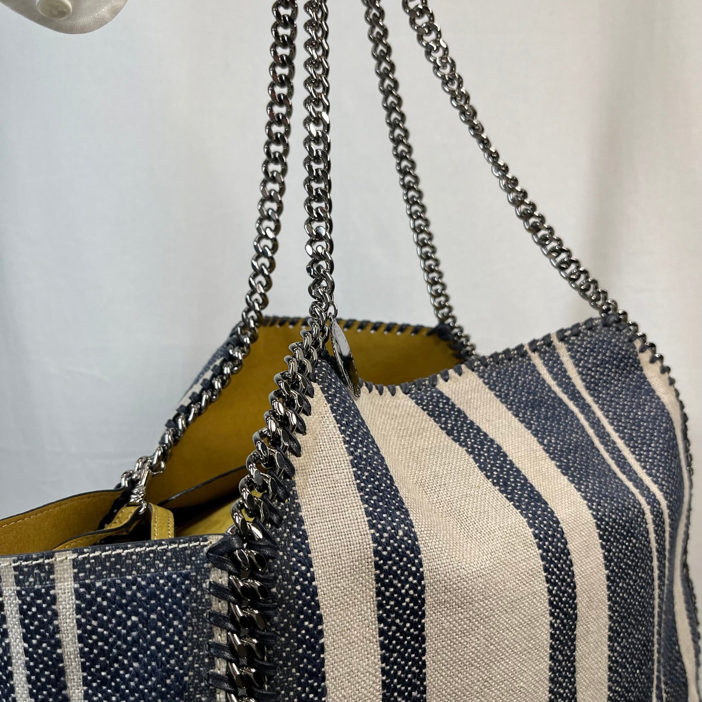 STELLA MCCARTNEY Falabella Reversible Blue Stripe/Yellow Suede Tote