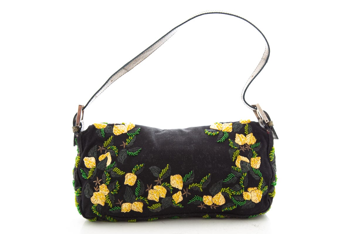 Fendi Black & Multi Beaded Floral Applique Baguette