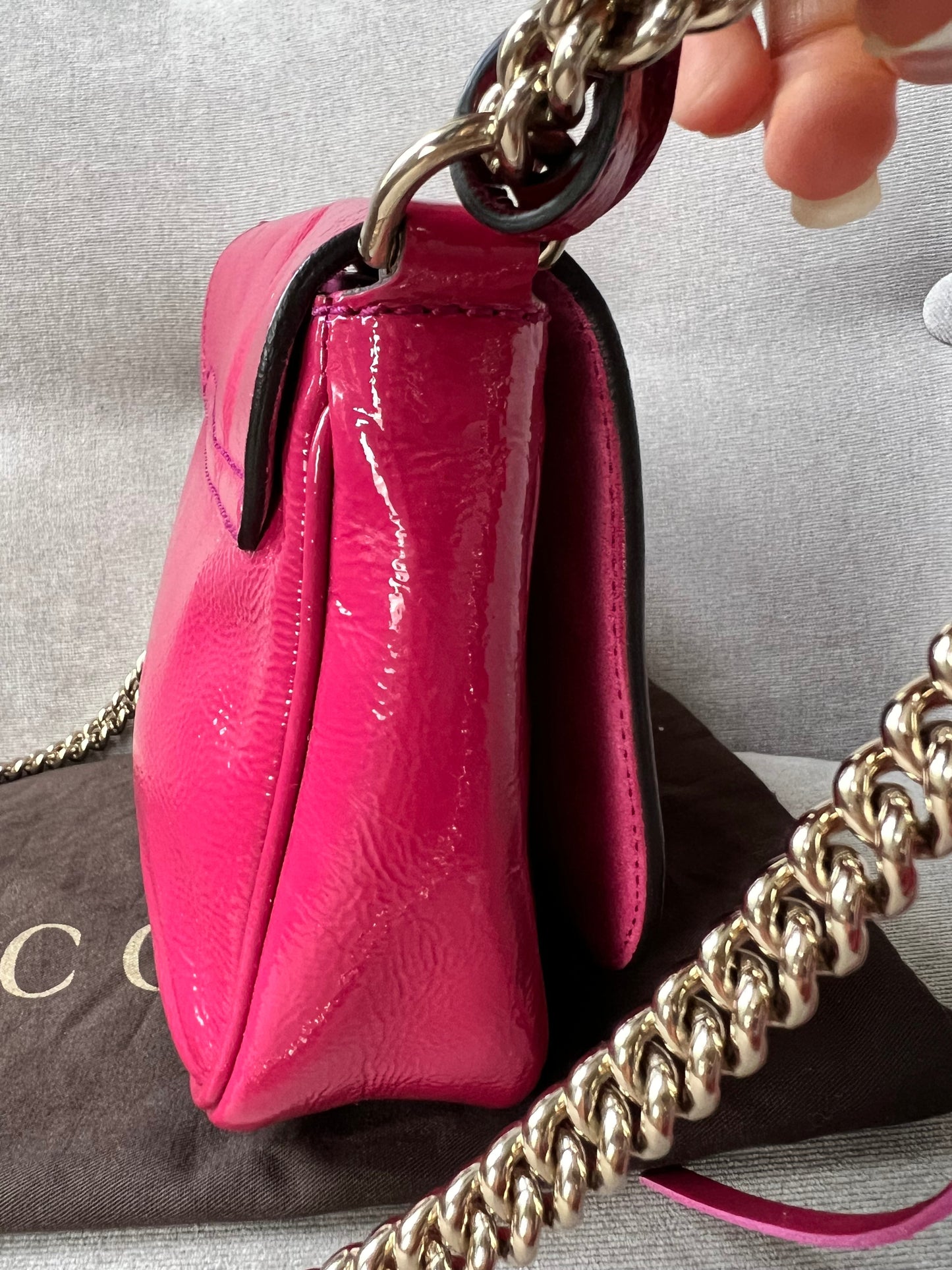 Gucci Pink Patent Mini Soho Chain Crossbody Flap Bag