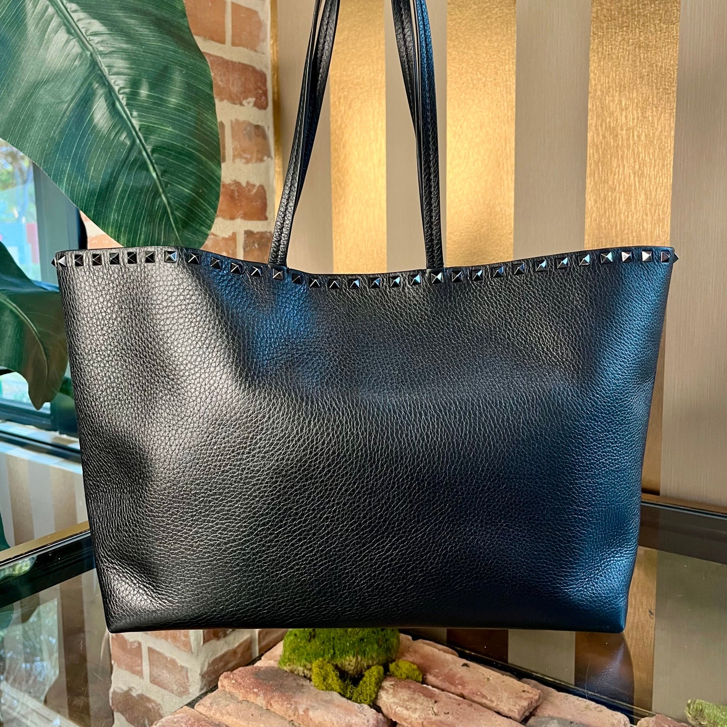 VALENTINO Black Rockstud Grainy Calfskin Tote Bag