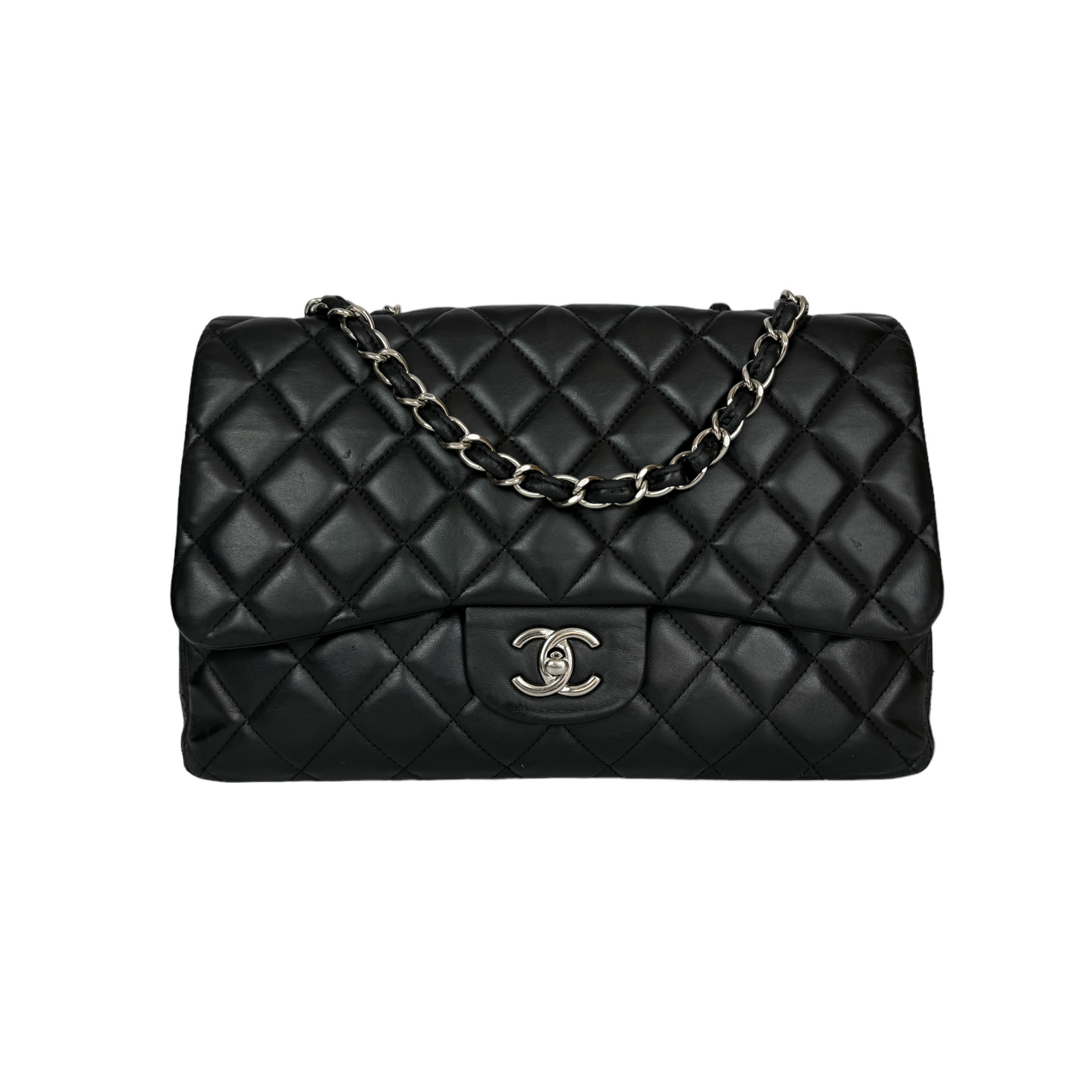 Chanel Classic Single Flap Jumbo Black Lambskin Silver